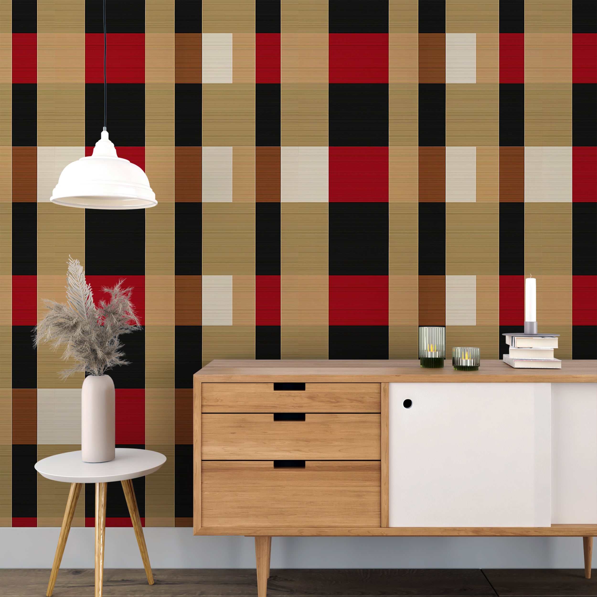Beige, red, and black geometric wallpaper.
Modern plaid wall mural with geometric design.