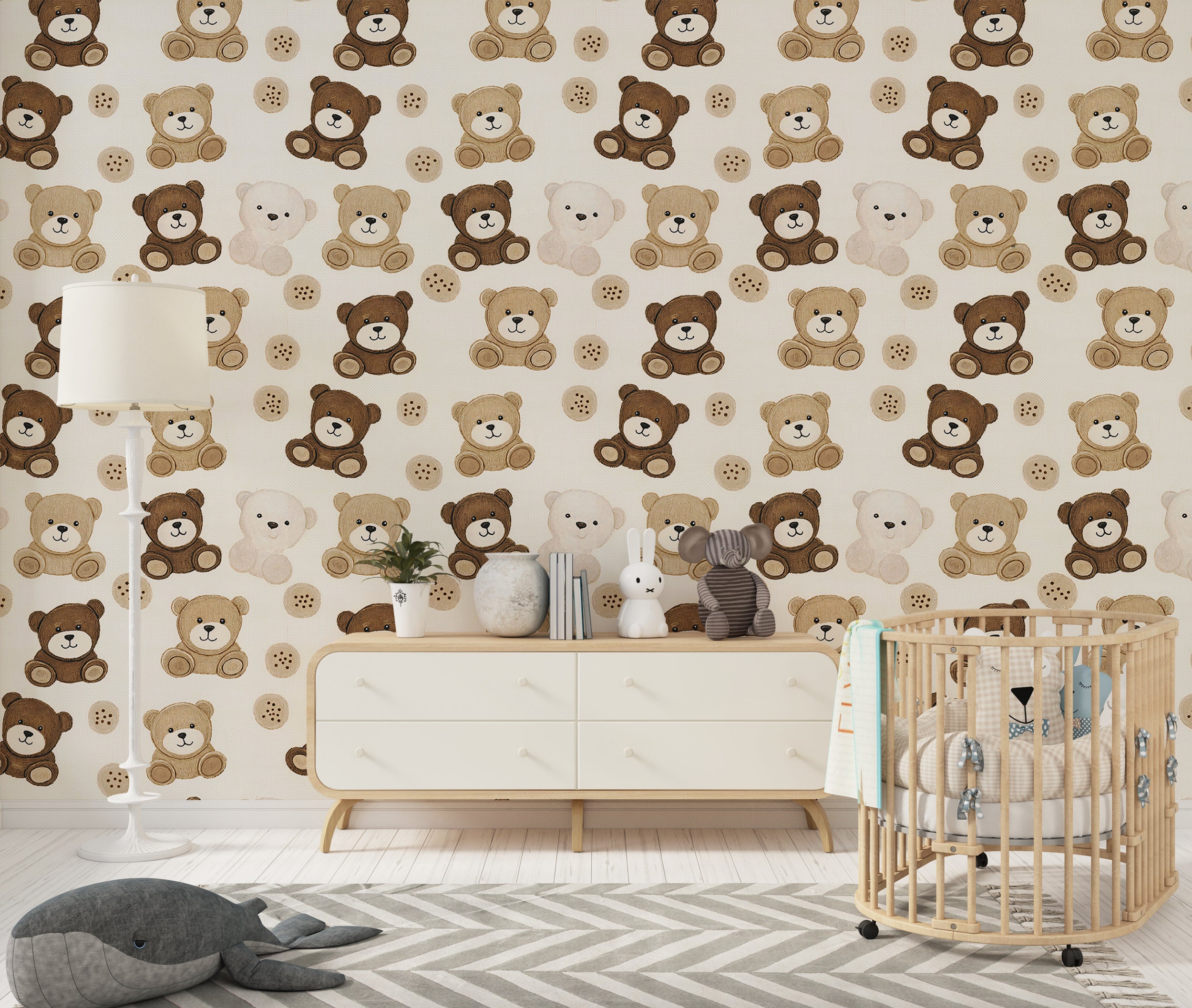 Playful baby room wall covering.
Soft and cozy animal toy wallpaper.