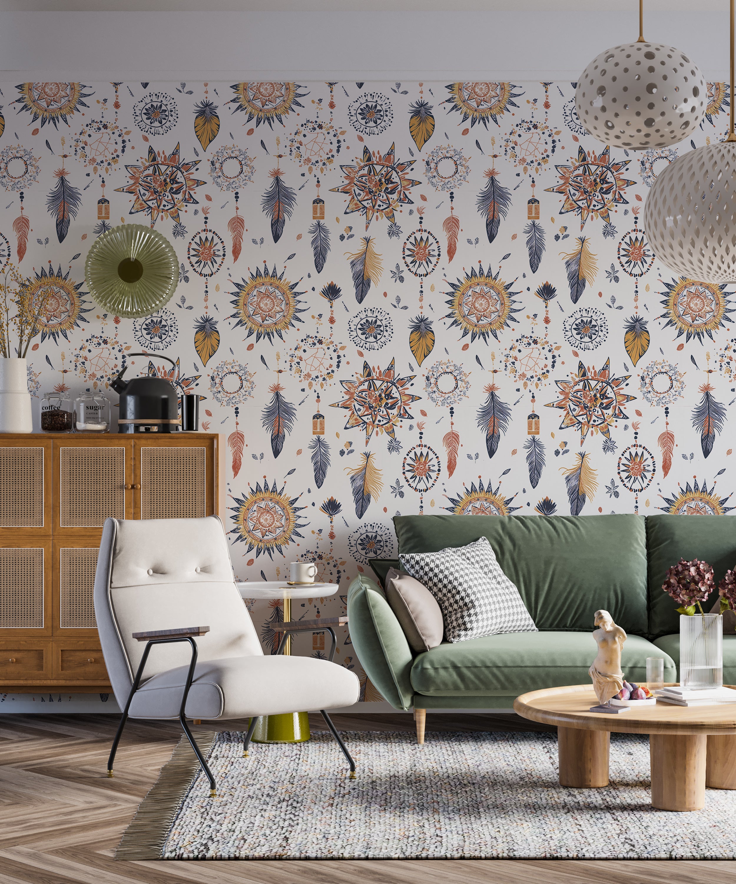 Boho symbols white wallpaper.
Abstract bohemian wall mural.