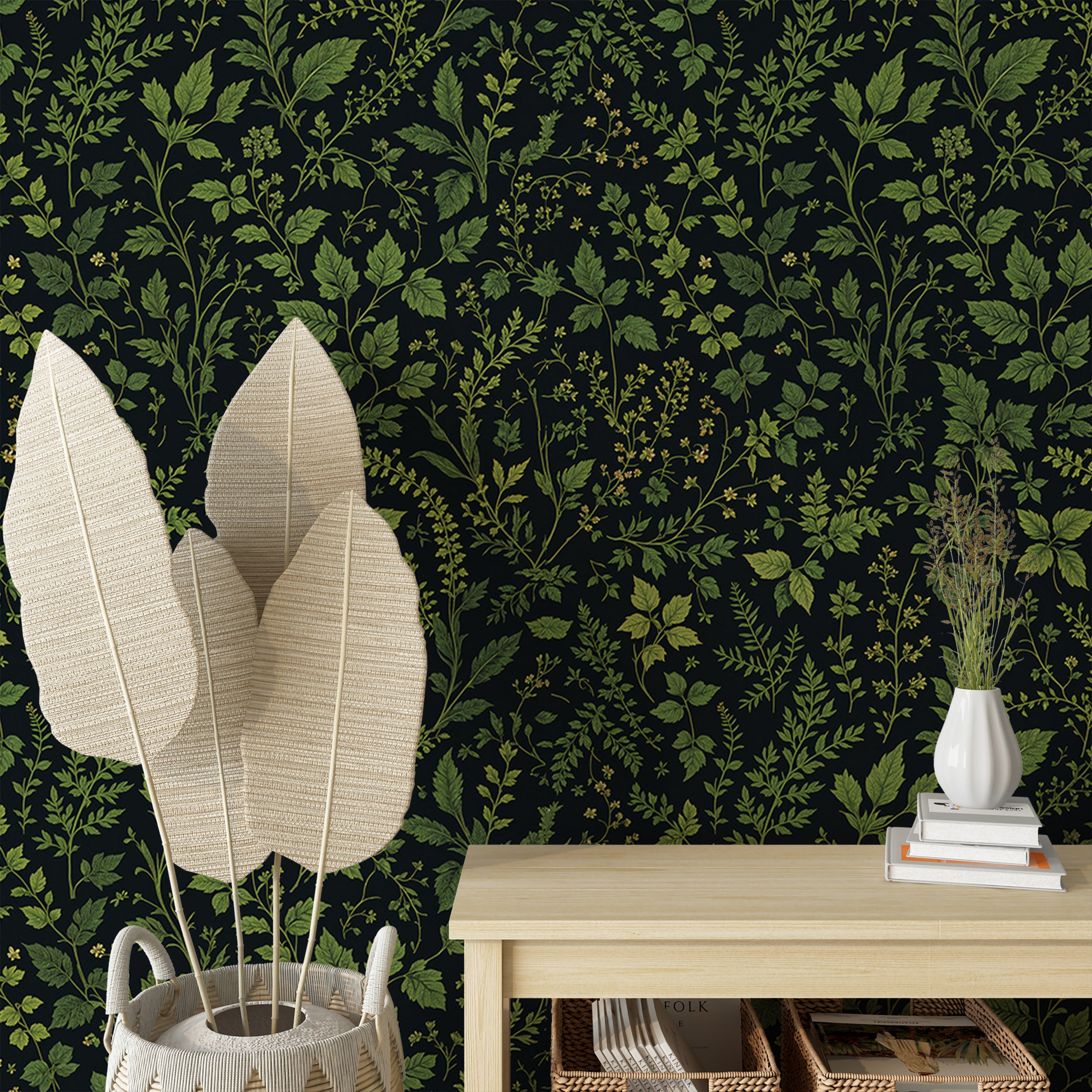 Forest fern wall art for bedrooms.
Green leaves botanical wallpaper.