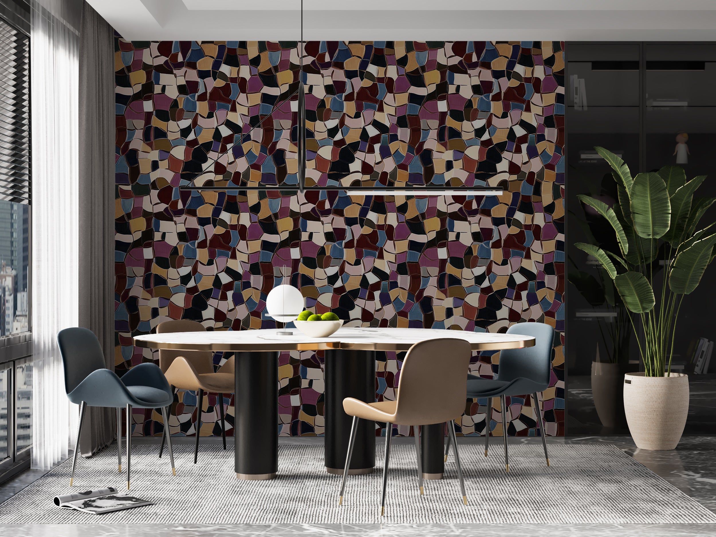 Vibrant modern tile wallpaper for interiors.
Removable abstract tile wallpaper.