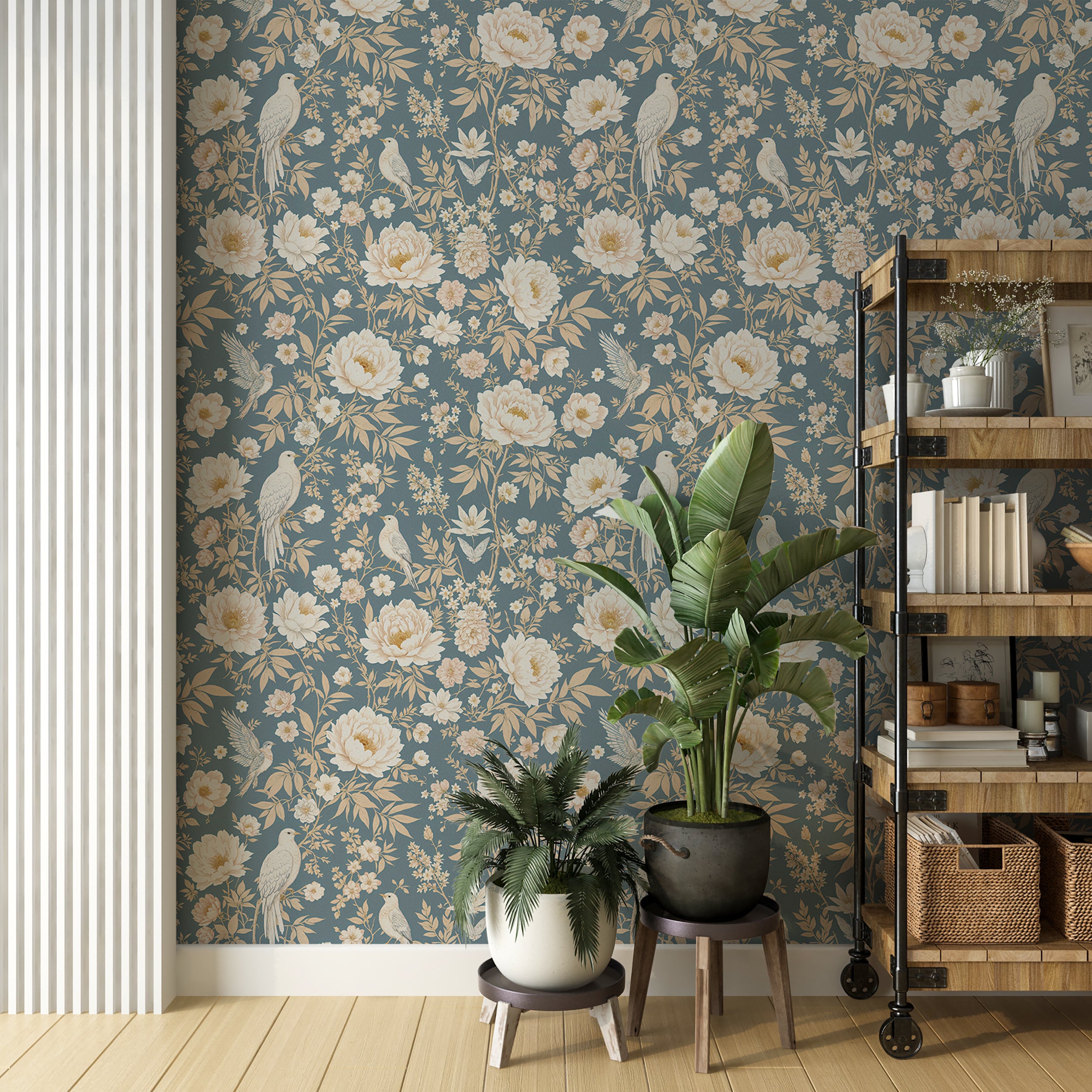 Removable chinoiserie wallpaper for rooms.
Elegant oriental-inspired peel-and-stick wallpaper.