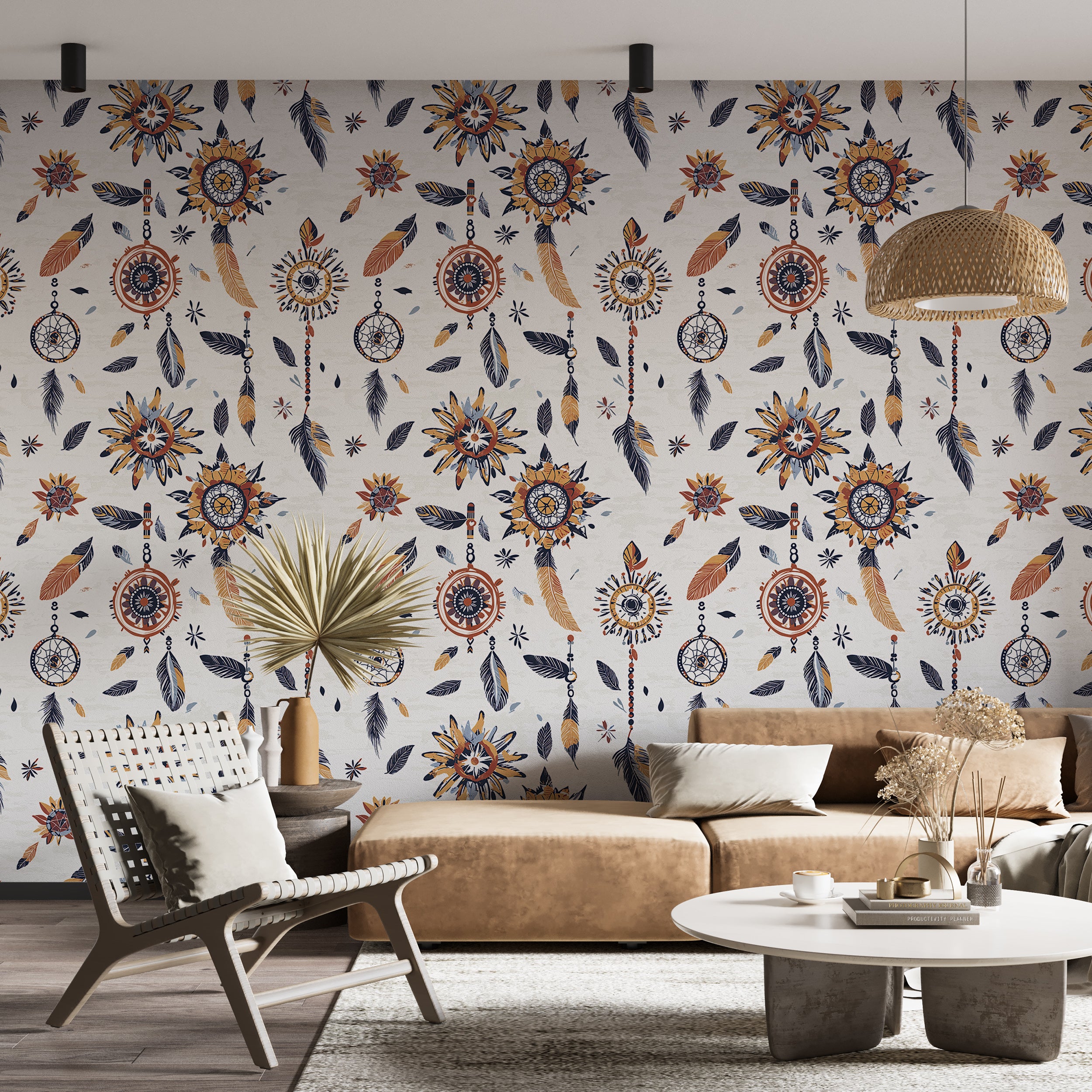 Bohemian-inspired wall decor.
Removable dreamcatcher design wallpaper.