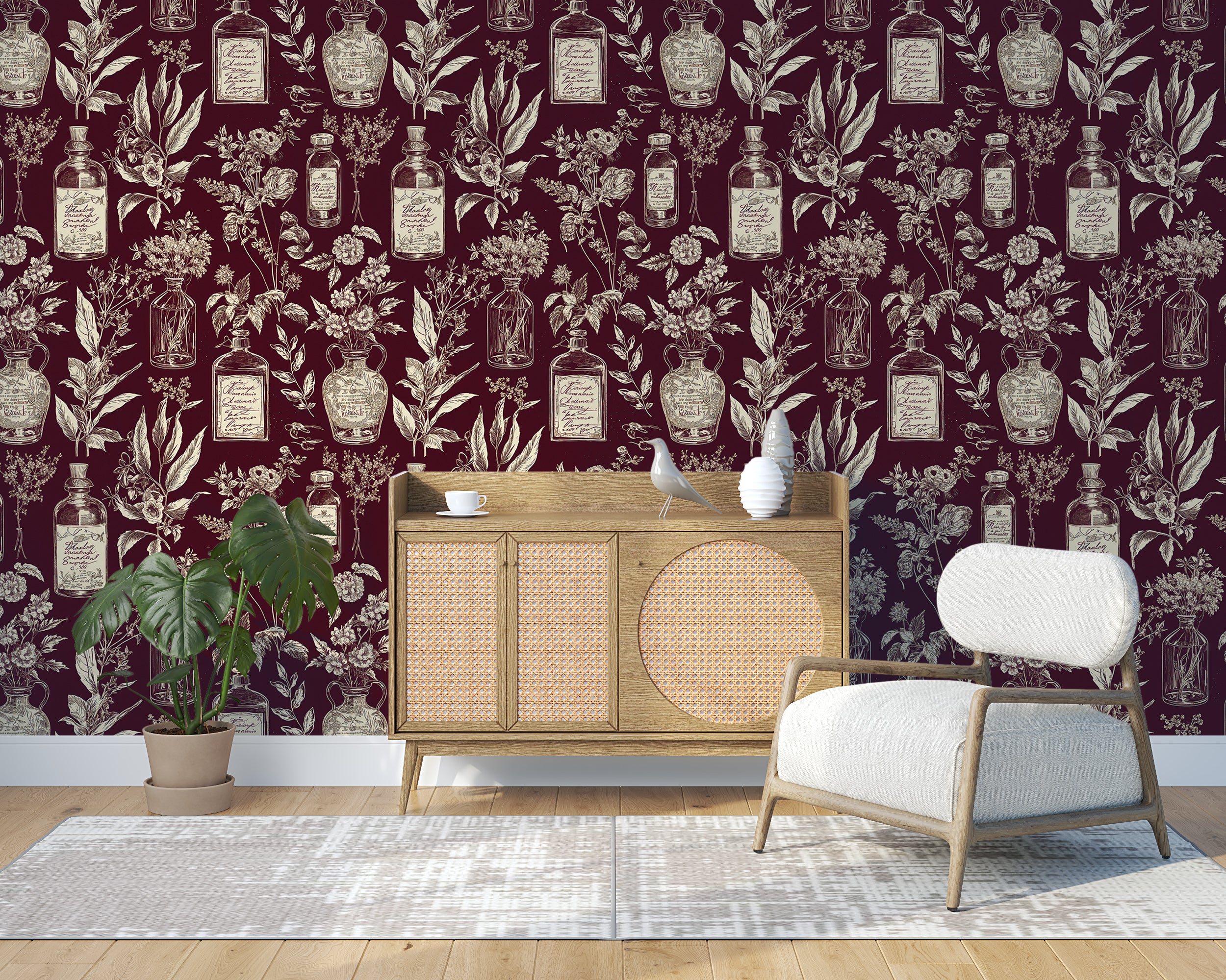 Dark Red Alchemy Symbols and Herbs Wallpaper, Mystical Herbal Wall Decor, Ancient Alchemical Design, Peel and Stick Wallpaper