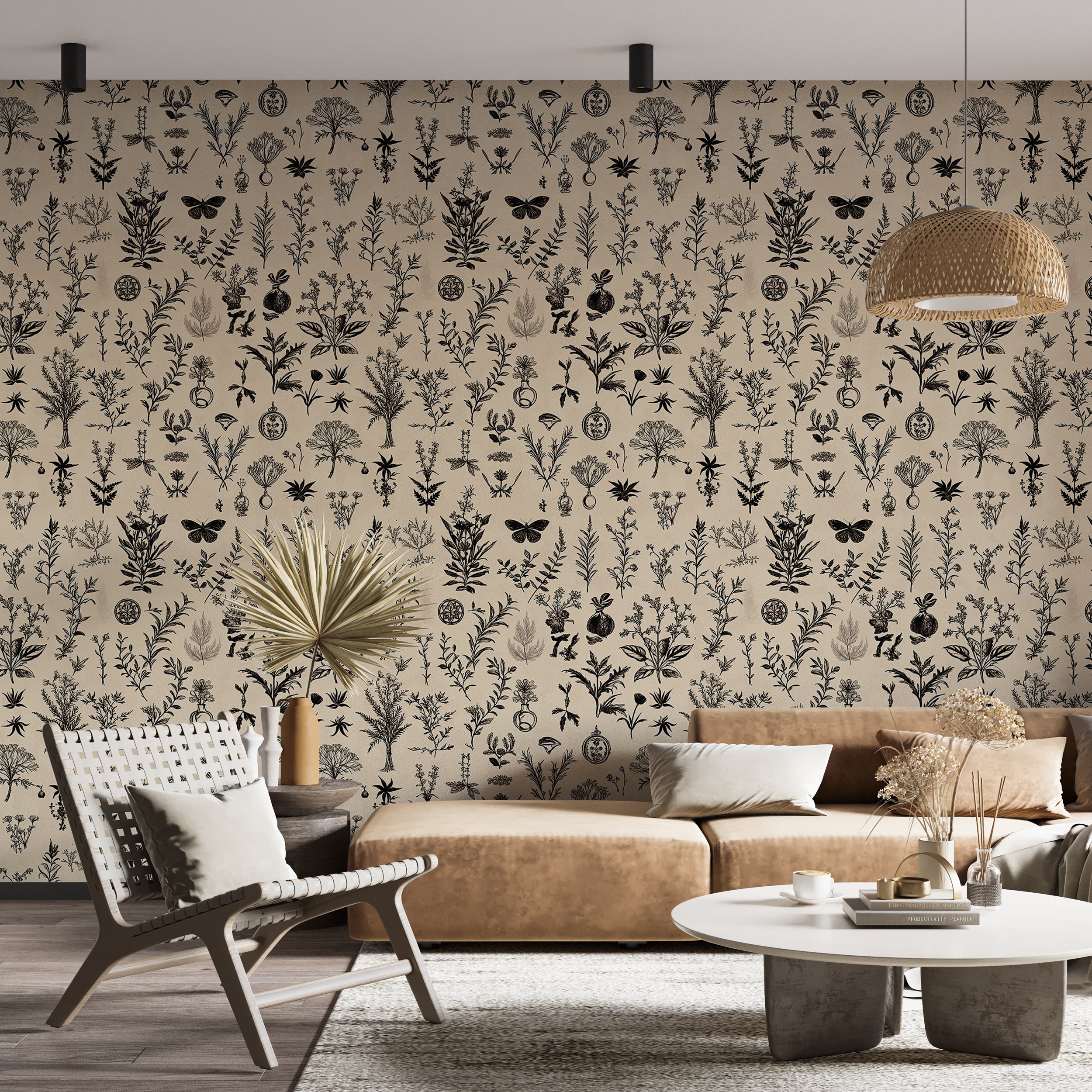 Beige Herbal Alchemy Symbols Wallpaper, Mystical Wall Decor, Spiritual Herb and Alchemical Decal, Renter-Friendly Peel and Stick Wallpaper