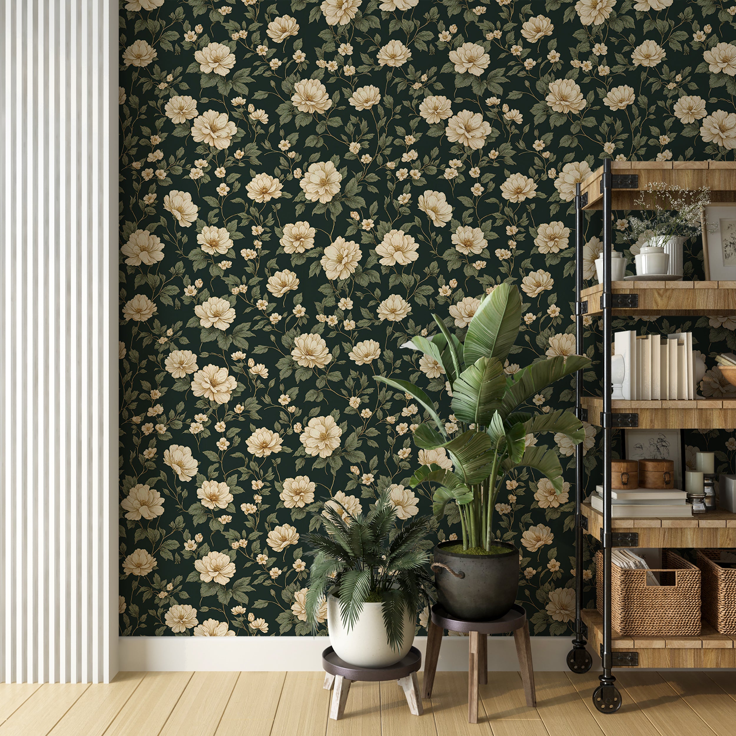 Sophisticated green floral wallpaper.
Dark floral wallpaper for nature-inspired rooms.