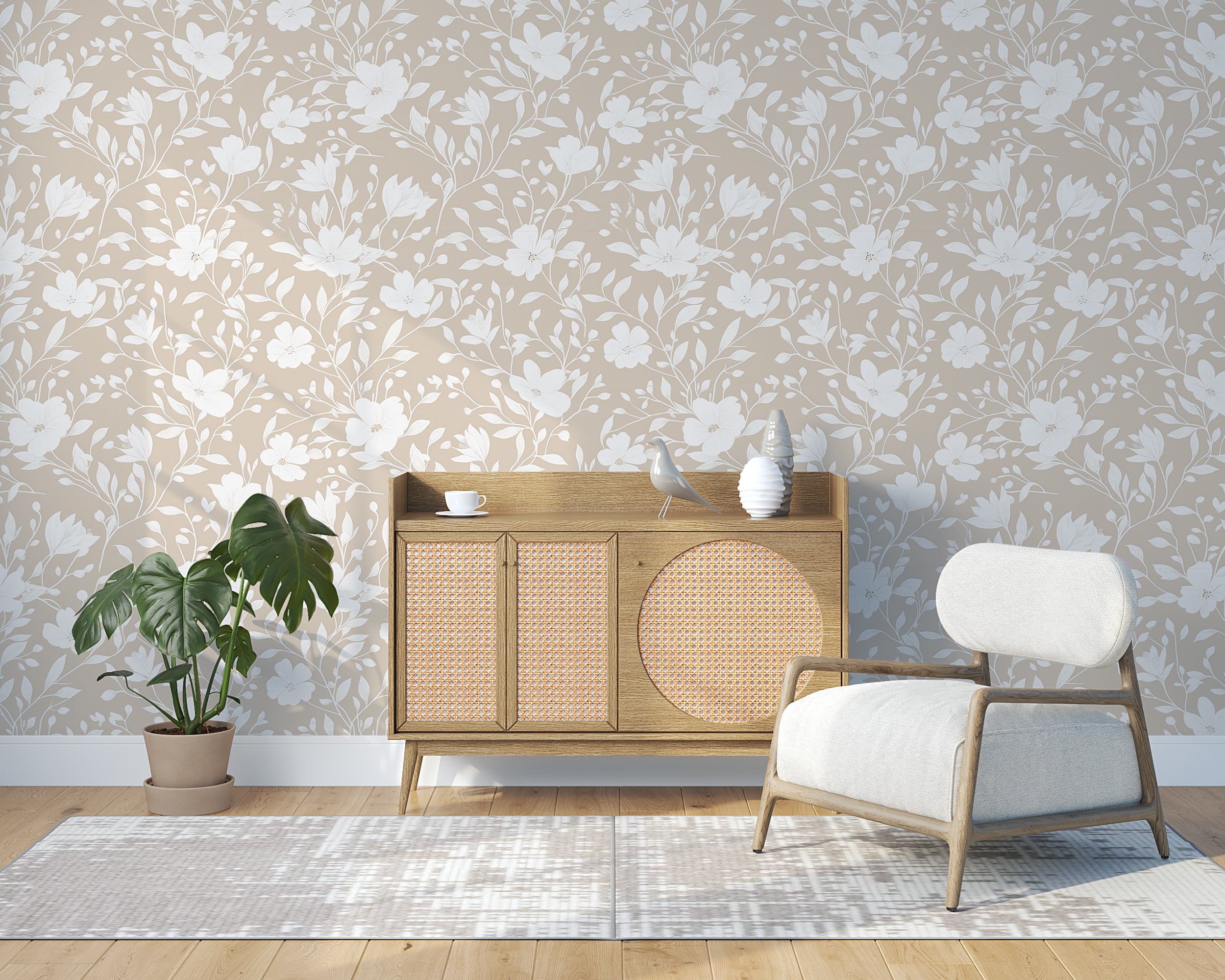 Light Minimalist Beige Floral Wallpaper, Soft Floral Wall Decor, Simple White Flower and Leaf Wallpaper, Elegant Peel and Stick Wallpaper