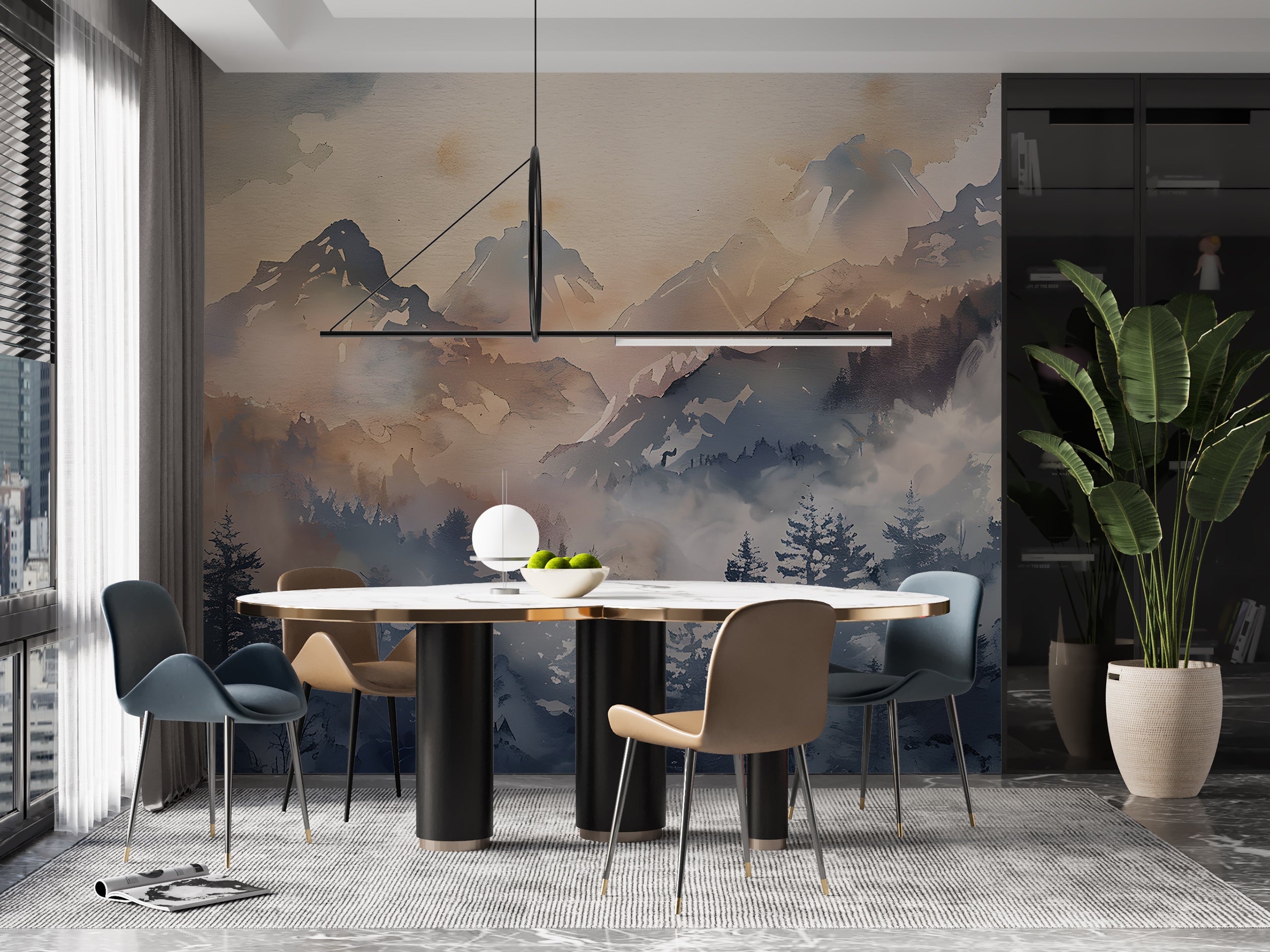 Watercolor Nature Landscape Wall Art Blue Foggy Wilderness Wall Decor