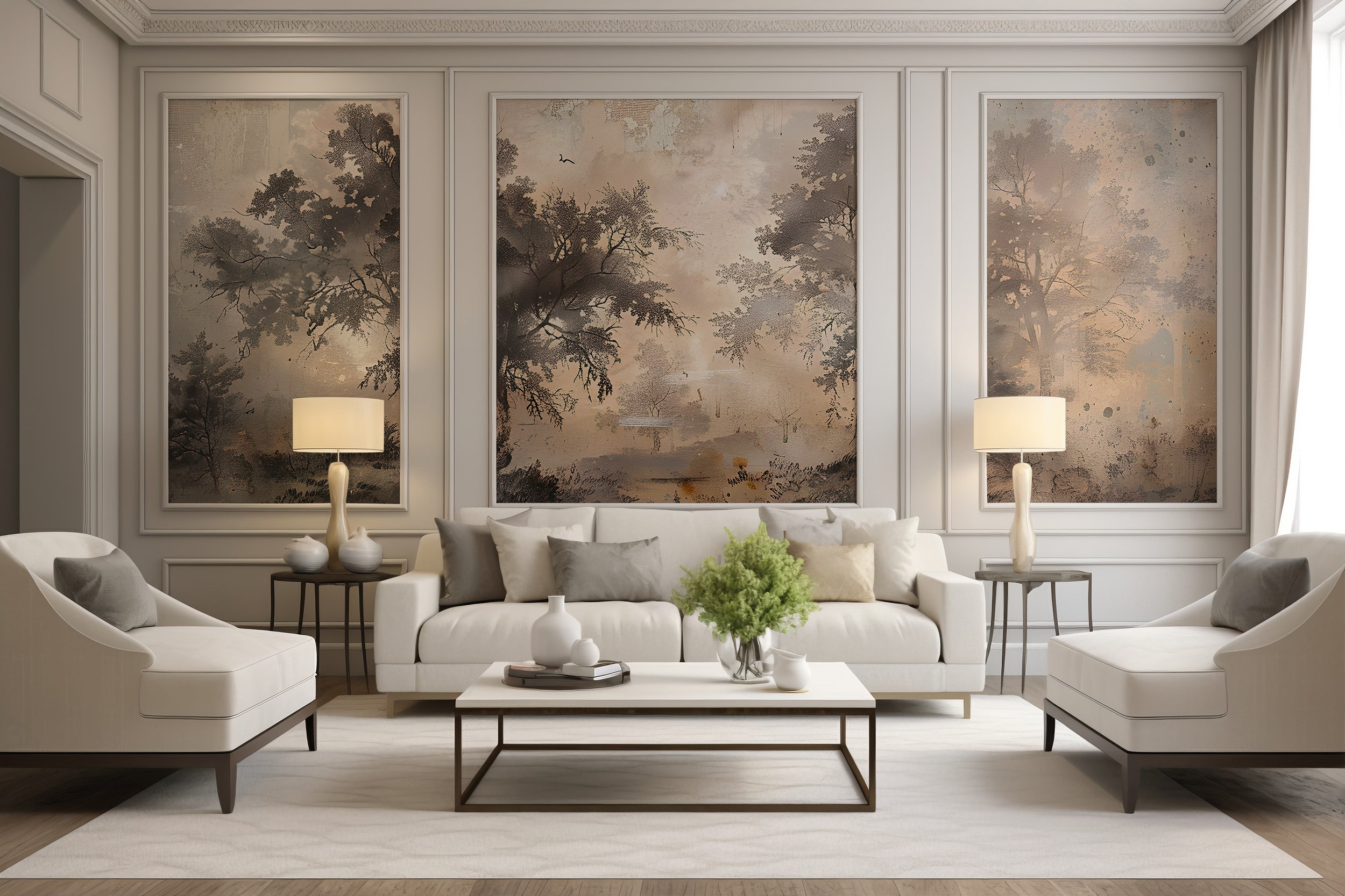 Watercolor Trees in Vintage Theme Wallpaper