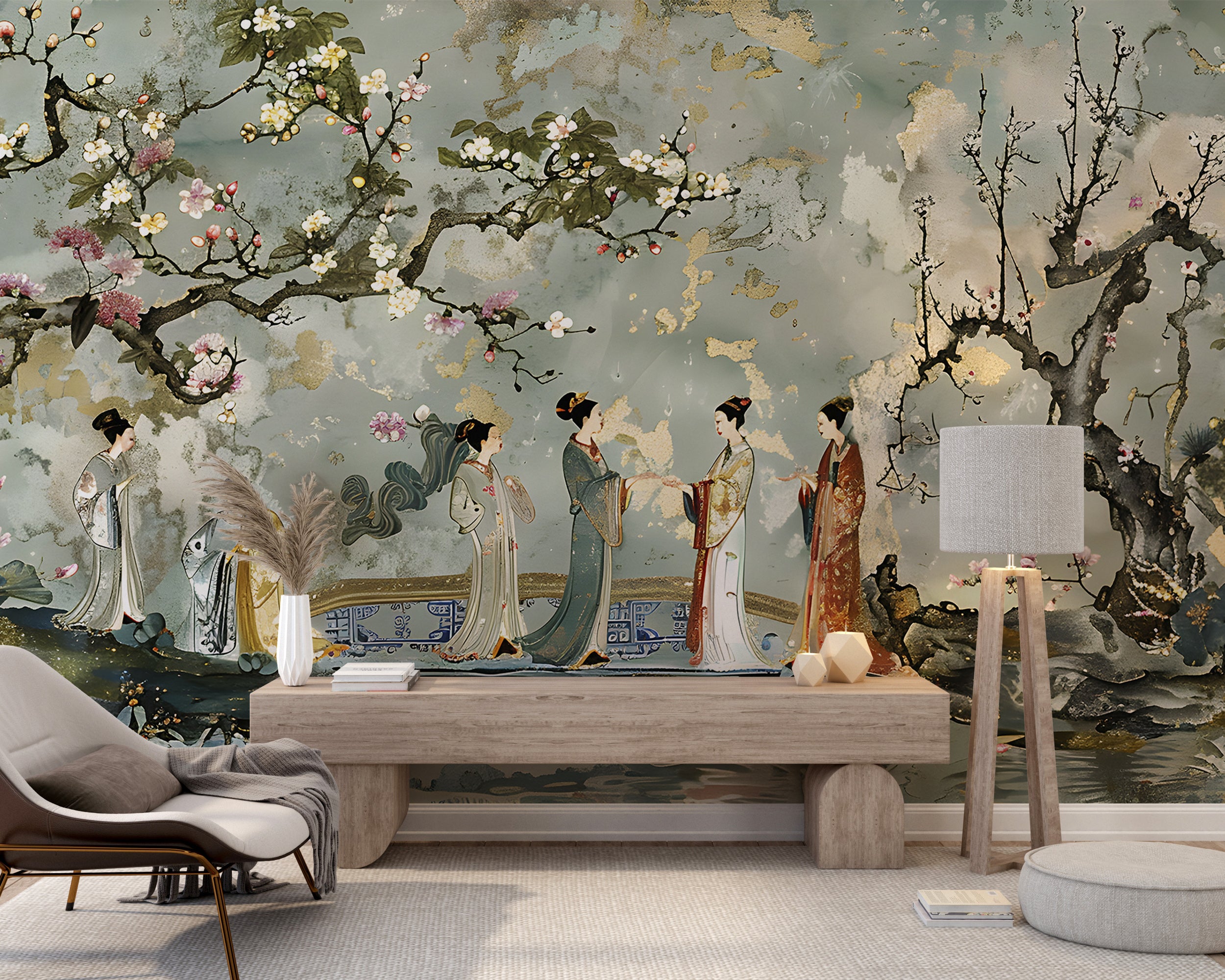 Peel and Stick People and Flowers Wallpaper Timeless Japanese Art Mural