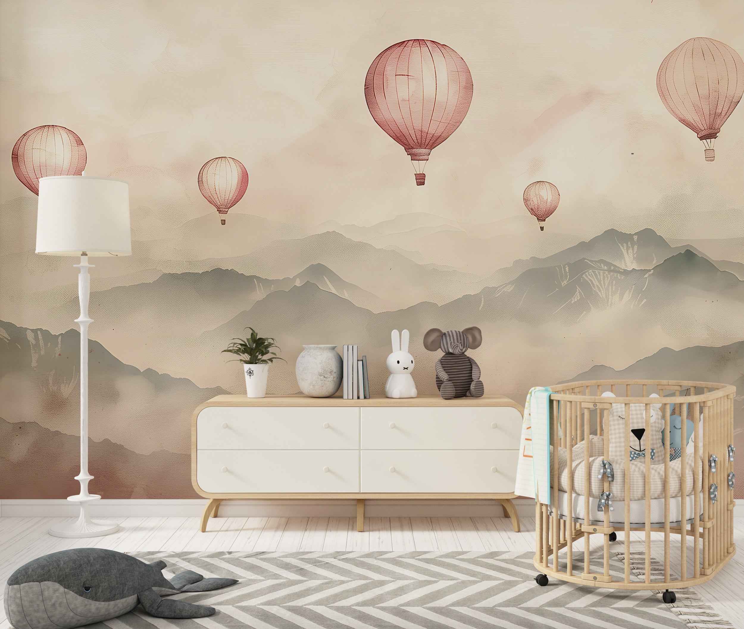 Soft Pink Hot Air Balloons Mural, Watercolor Mountain Landscape Wallpaper, Hot Air Balloons over the Mountains Mural, Peel and Stick Nursery
