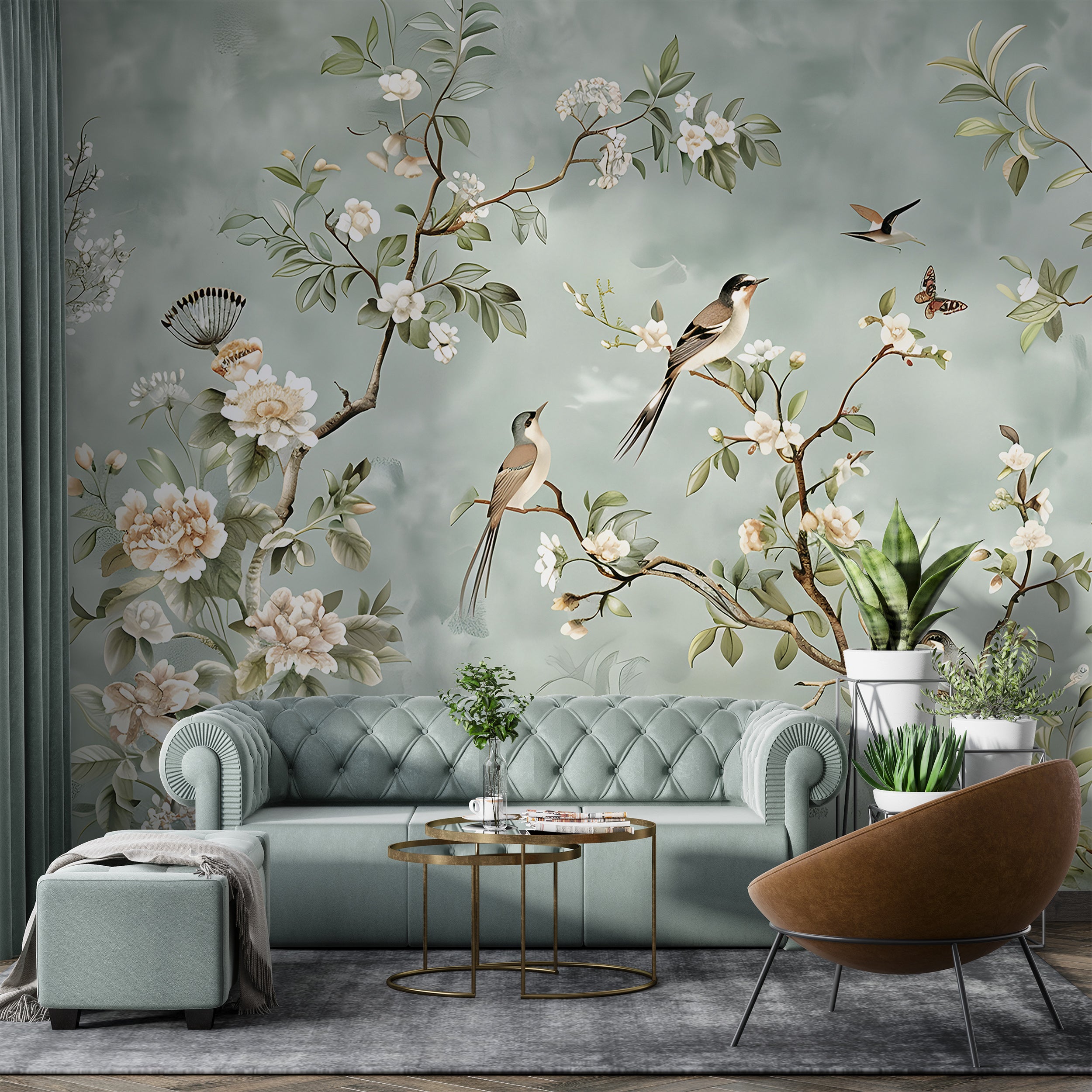Peel and stick Japanese mural Elegant Chinoiserie wallpaper