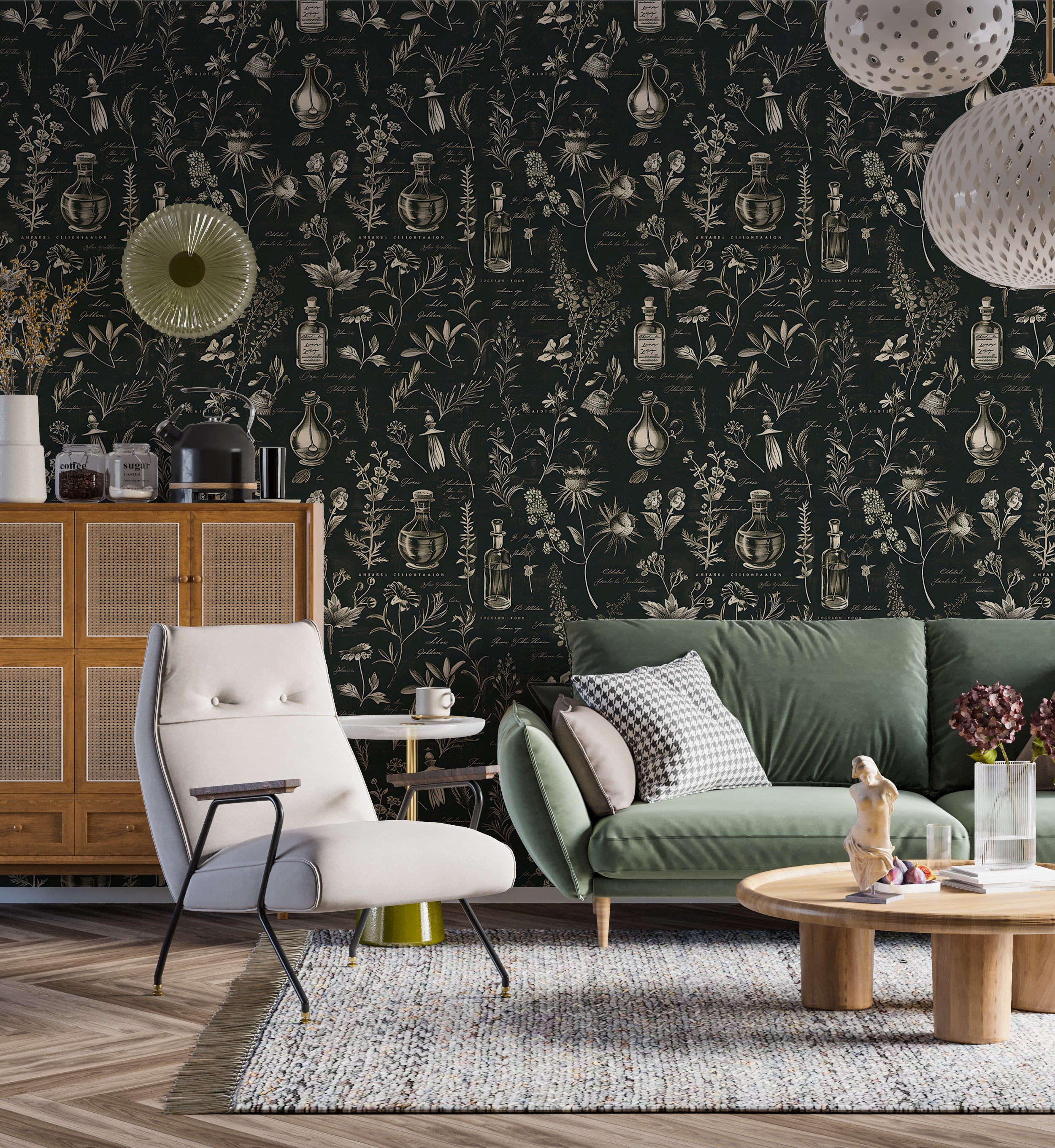 Dark green herbal pattern wallpaper