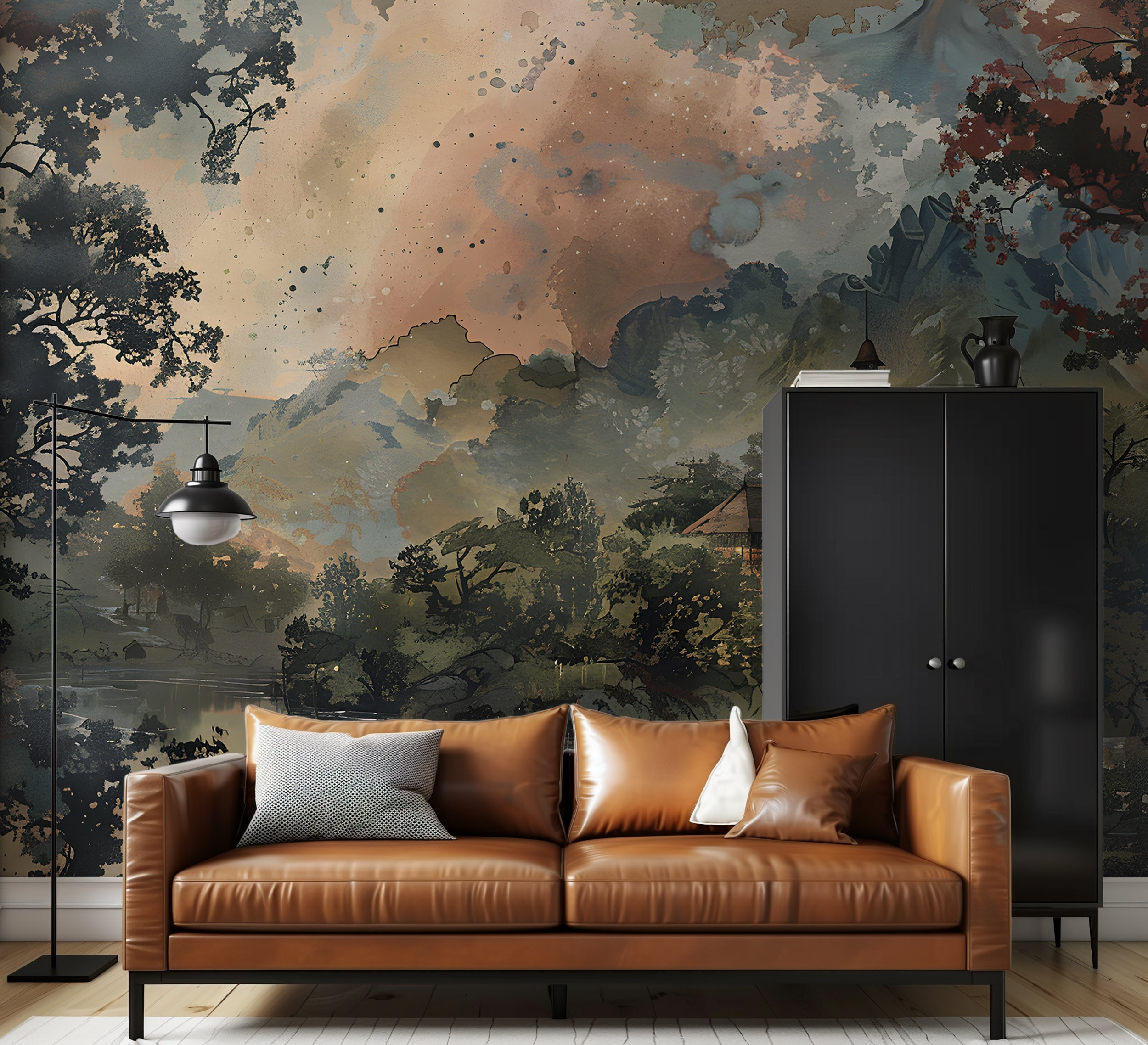 Scenic riverside house decor Classic forest watercolor wallpaper