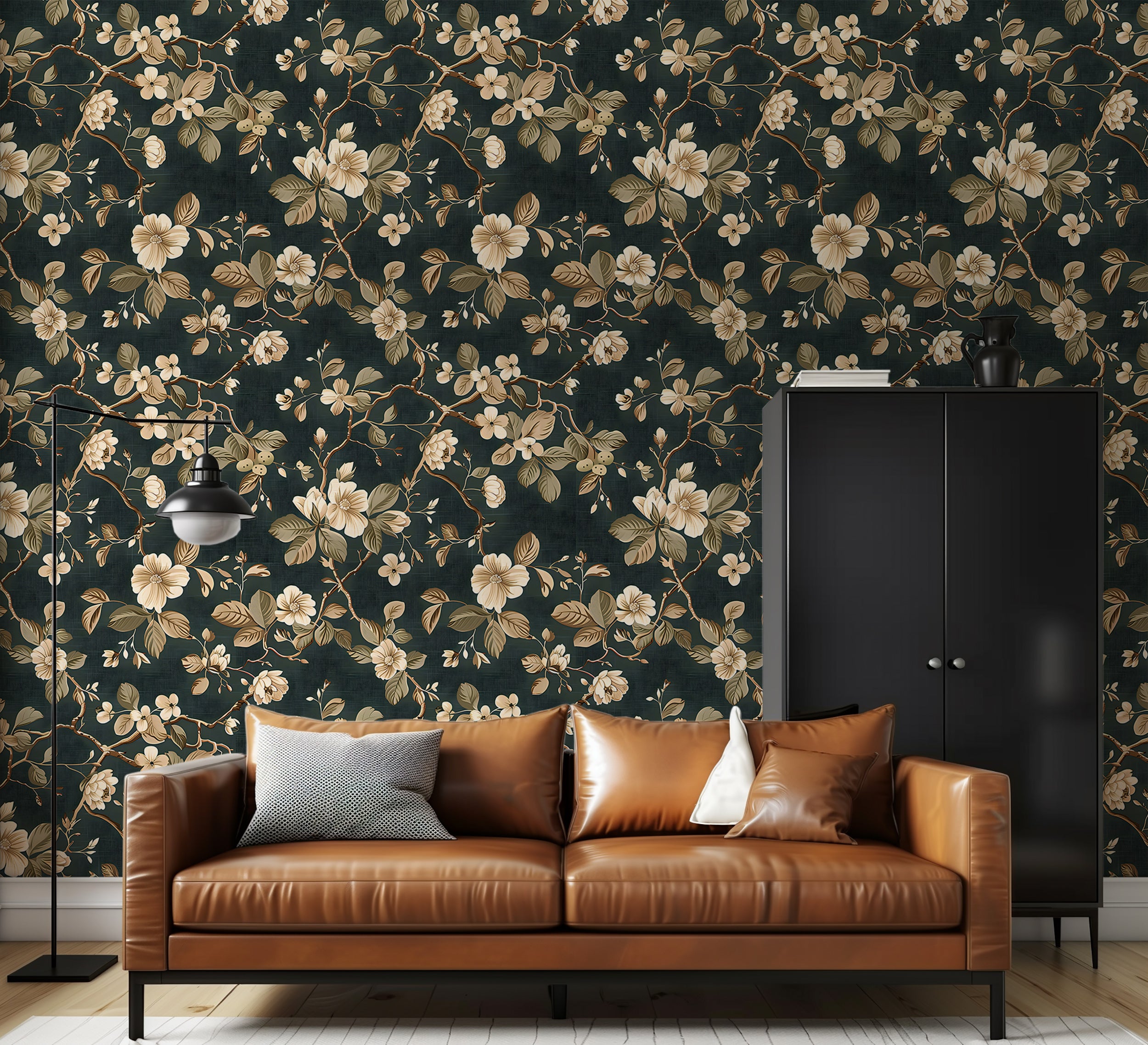 Vintage green and beige flowers wallpaper