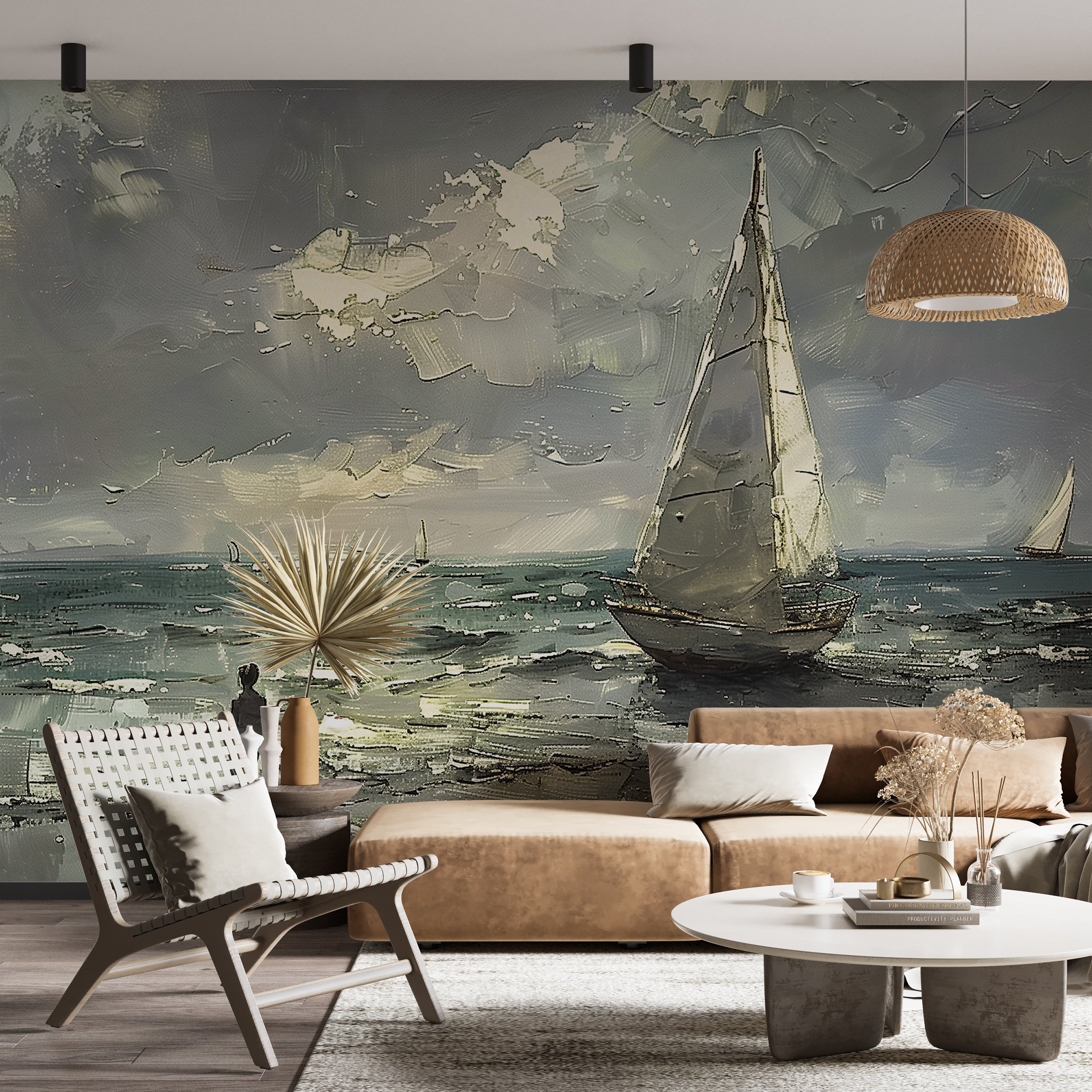 Sailboat oil painting wallpaper dark ocean Palette knife style sea wall mural