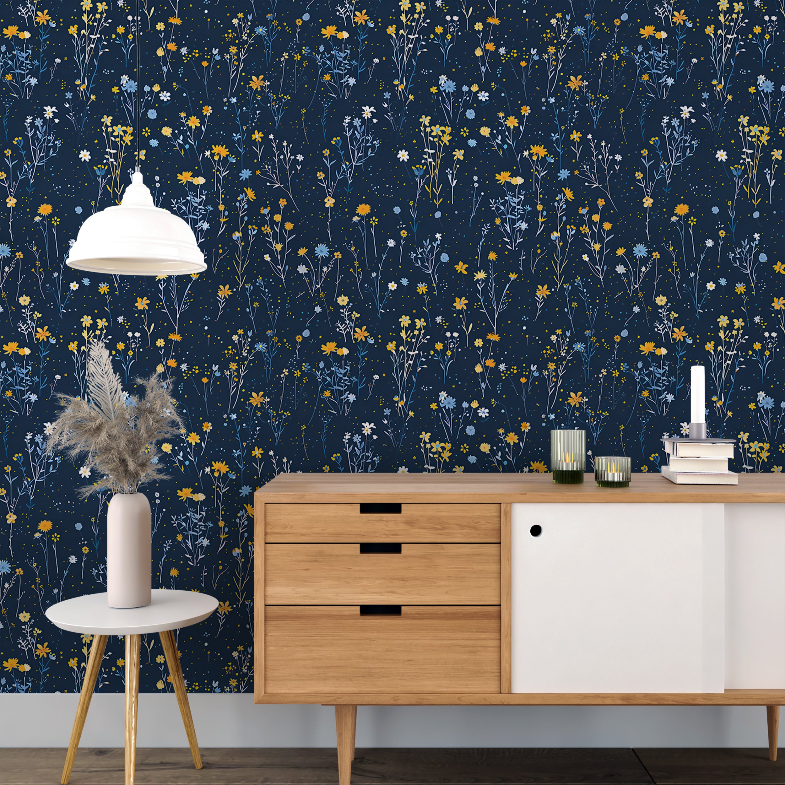 Dark blue floral wallpaper Small meadow flowers wallpaper