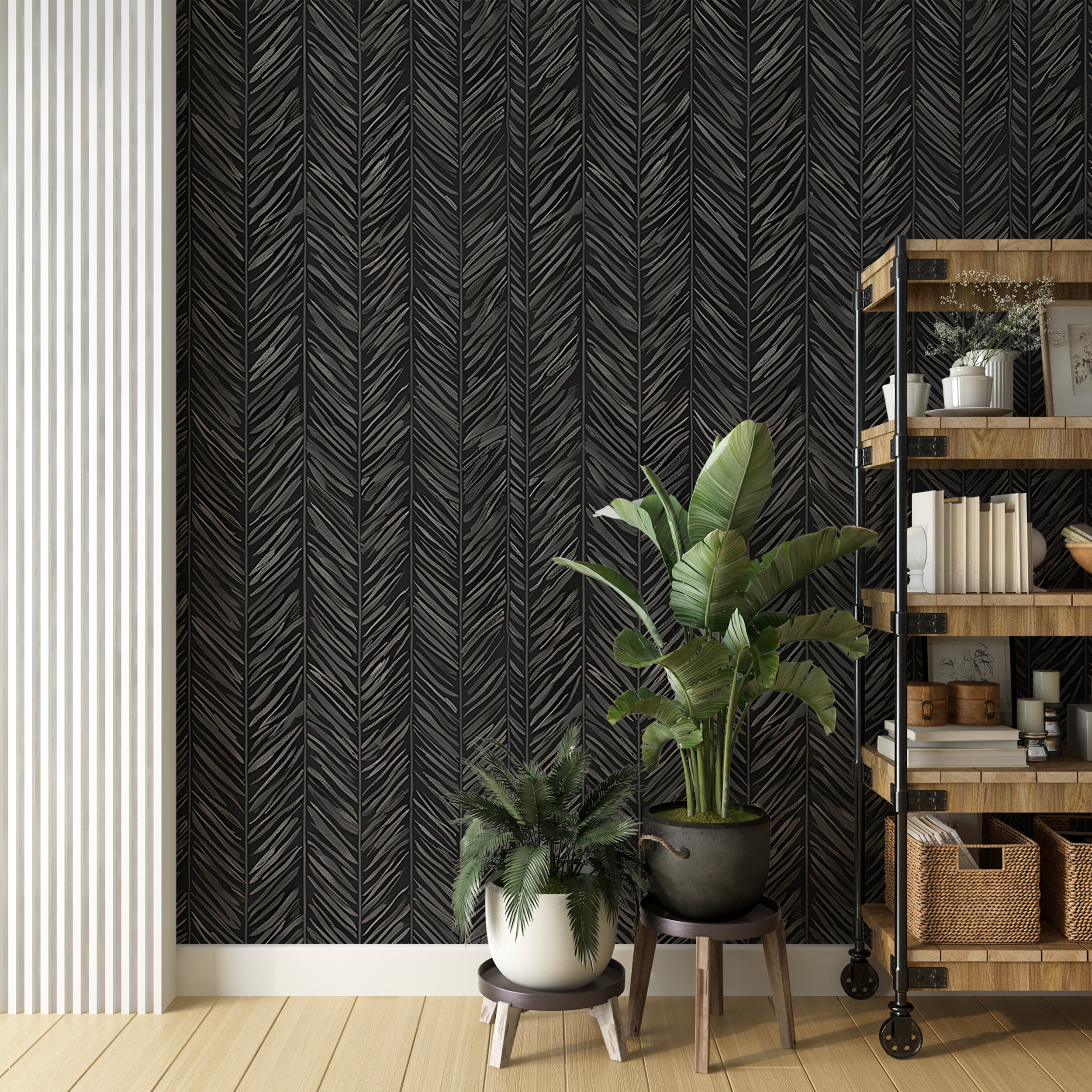 Easy install dark grey herringbone wallpaper