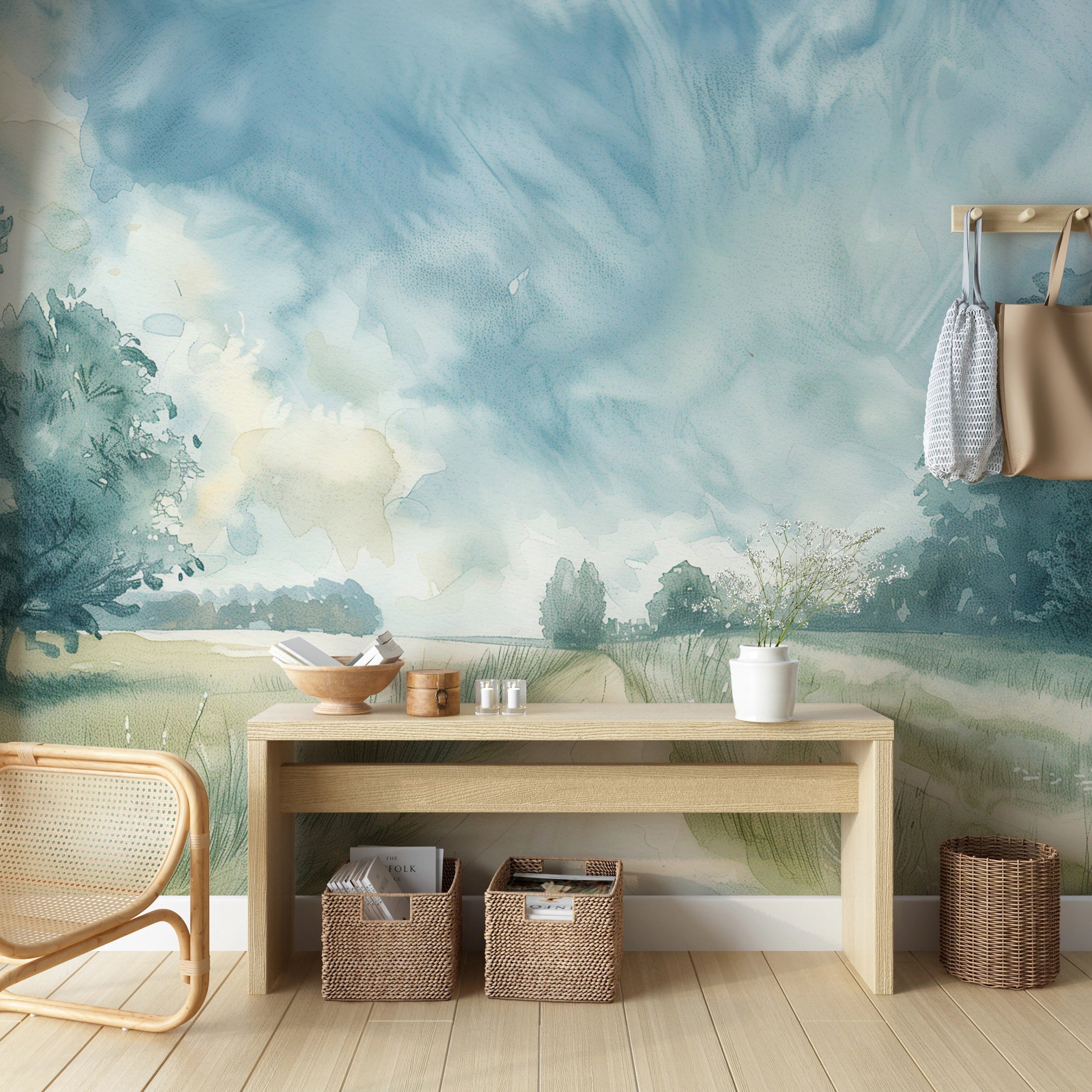 Muted Scenic Mural, Field and Trees Landscape Vintage Wallpaper, Peel and Stick Removable Nature Wall Art