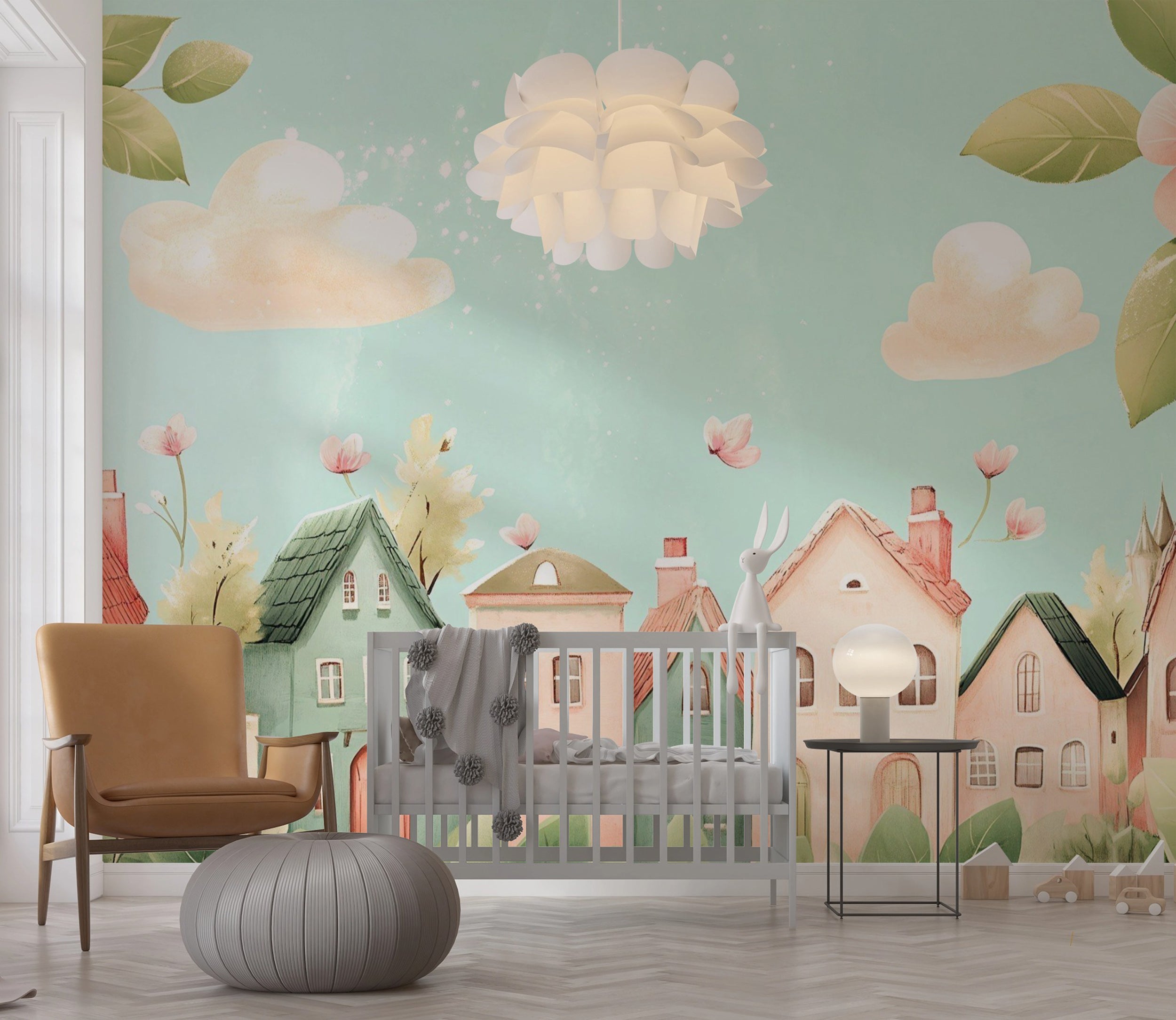 Mural infantil de casas y flores en colores pastel, papel pintado de ciudad estilo dibujos animados, arte de pared infantil despegable y sin PVC.