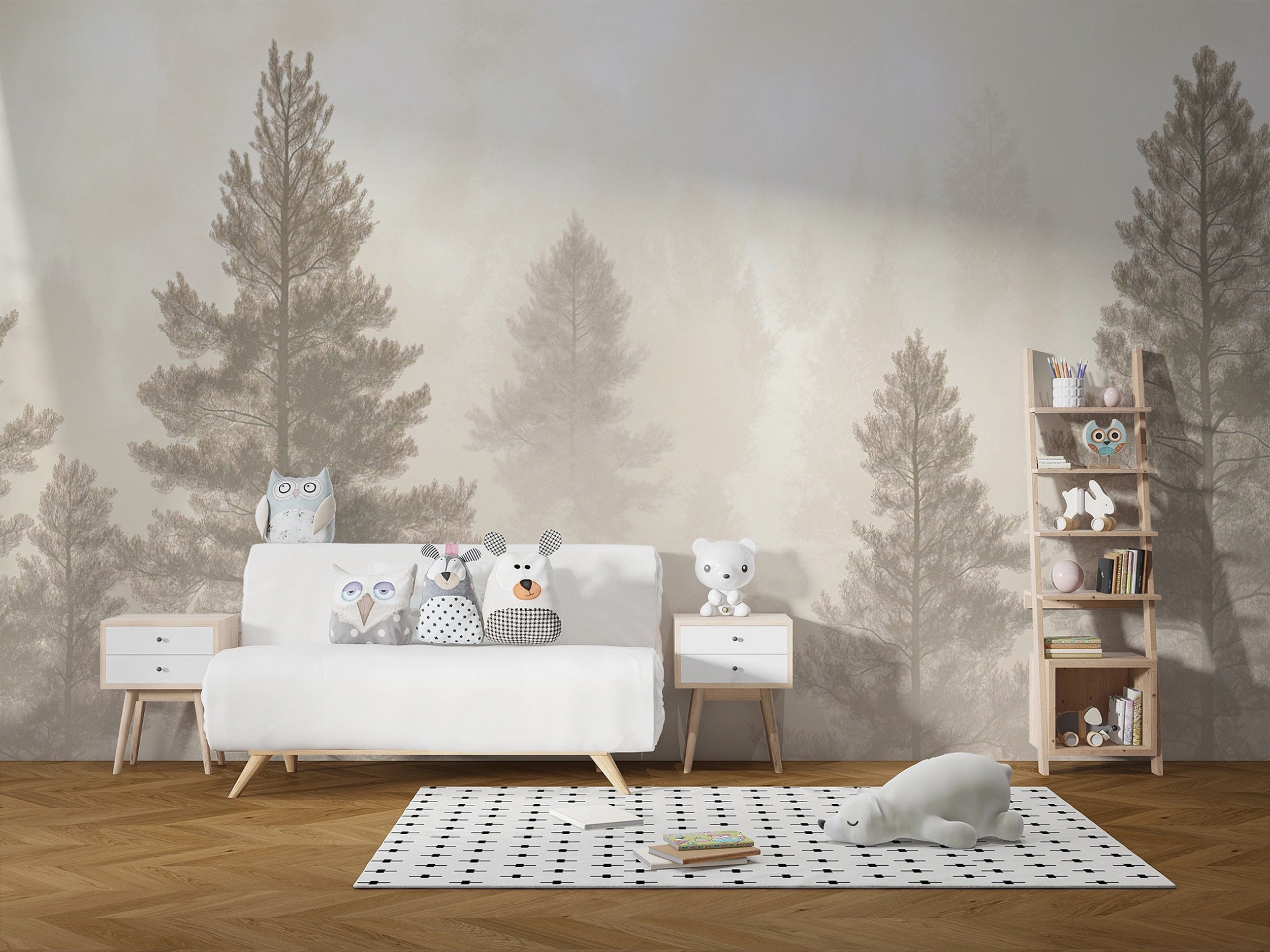 Mural de bosque de pinos monocromático beige, papel tapiz minimalista de bosque brumoso color crema, decoración de paisaje beige neutro autoadhesiva