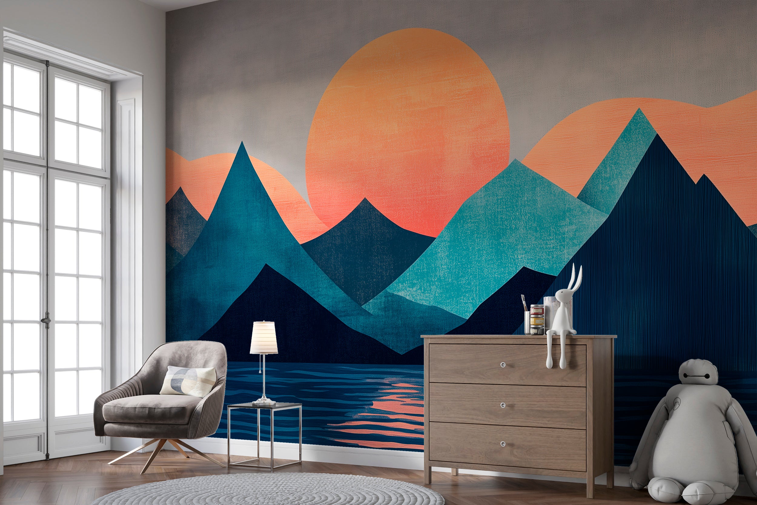 Sunset mountain wallpaper with blue and orange gradients.
Removable sunset and mountain mural for tranquil interiors.