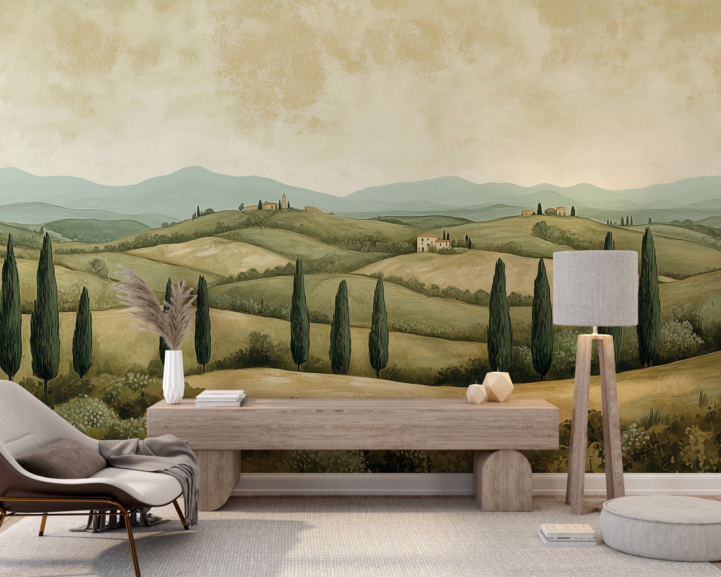 Serene vintage wall art with cypress trees and fields.
Peel-and-stick wallpaper with watercolor countryside.