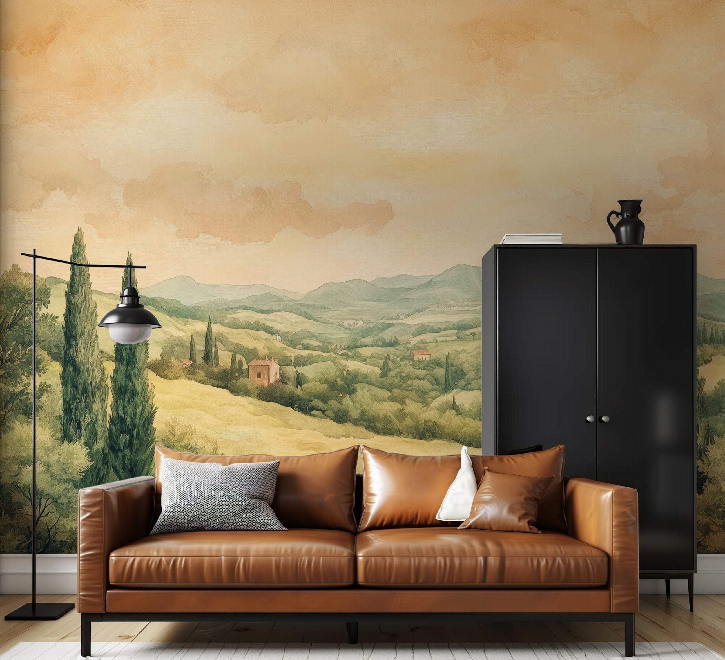 Retro Scenic Wallpaper, Vintage Italian Watercolor Landscape Mural, Soft Warm Old Style Wallpaper