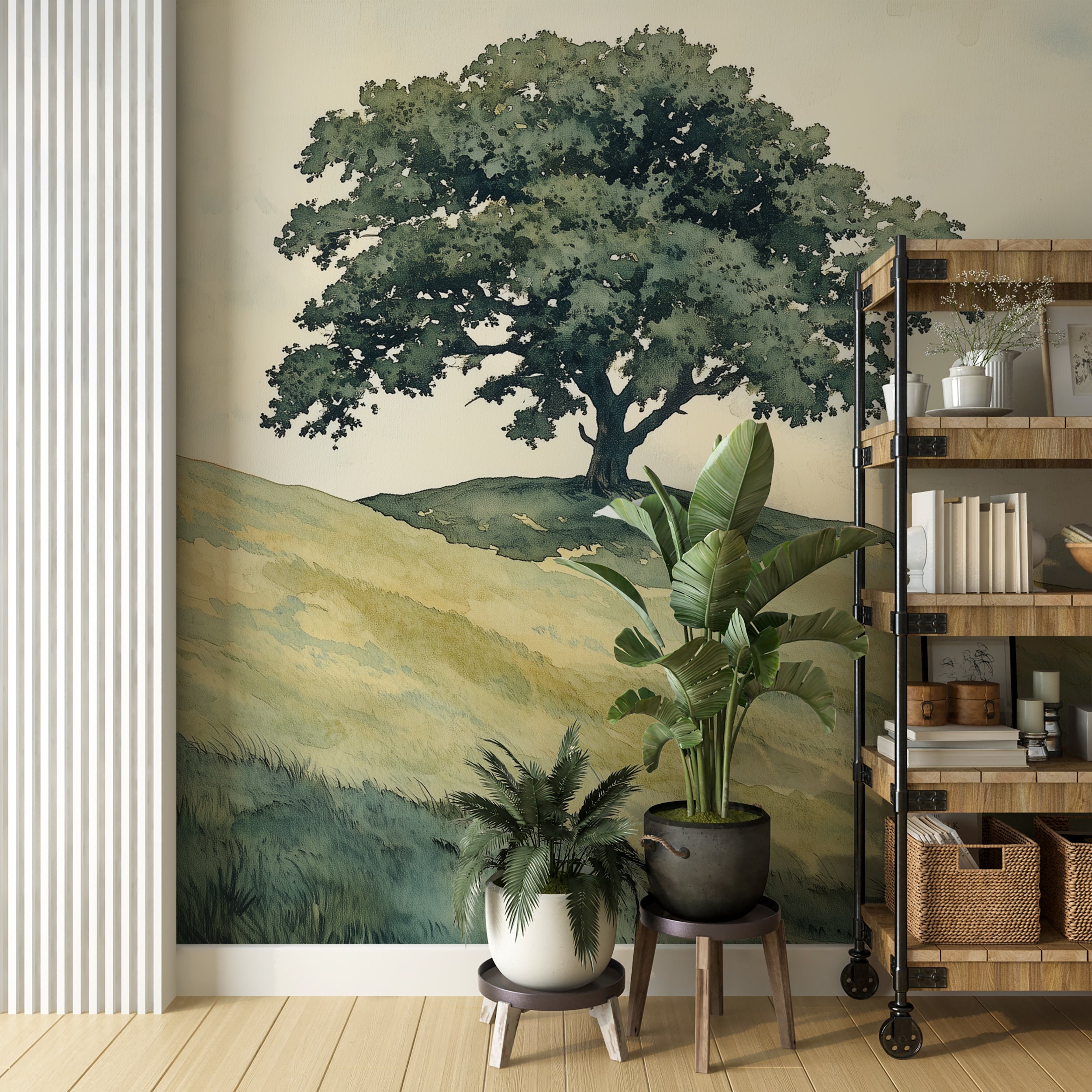 Green grass and watercolor tree wallpaper for relaxing space.
Timeless vintage landscape mural with a lone tree.