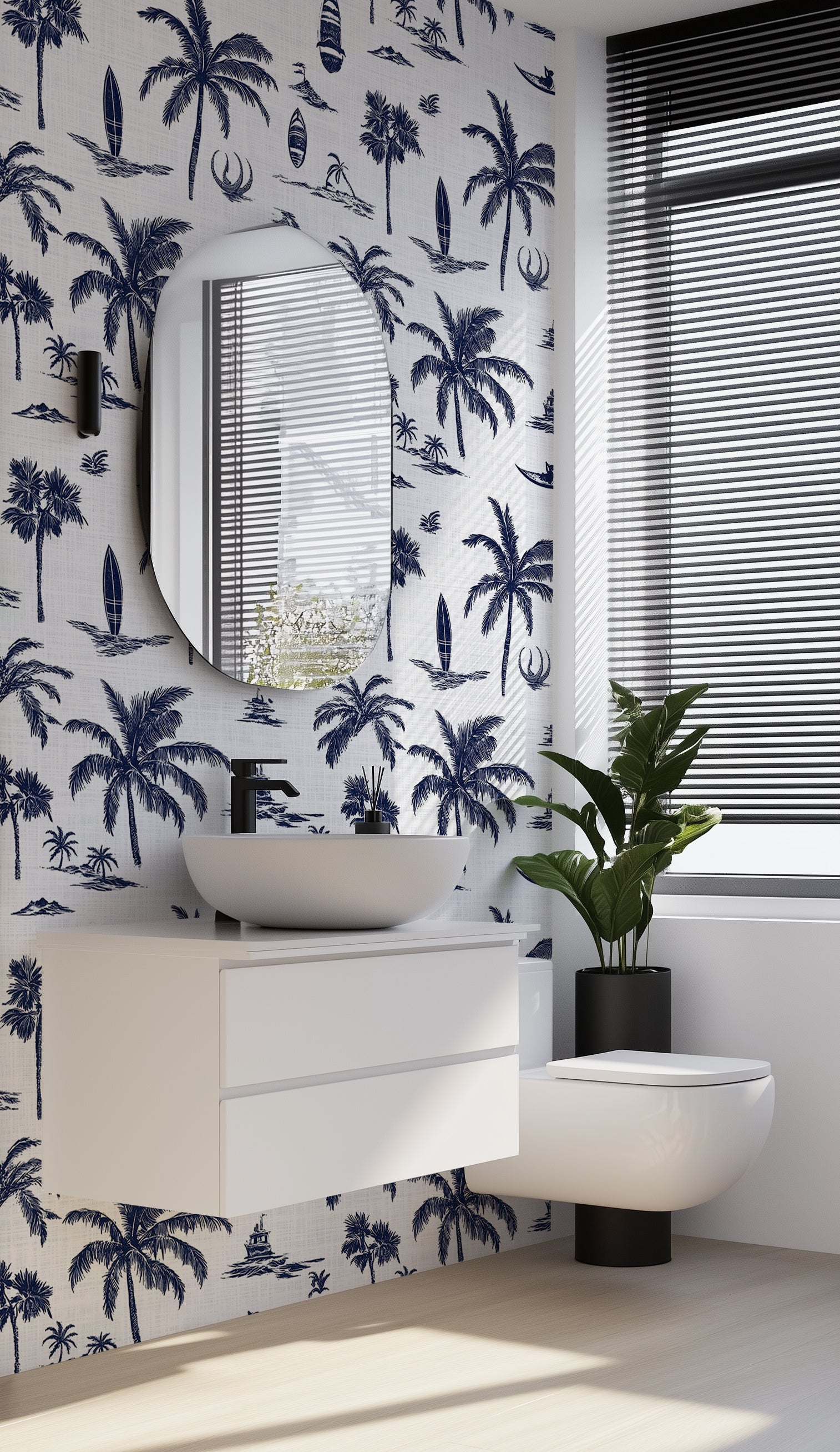 Papel tapiz con símbolos tropicales en azul y blanco, decoración de pared con estampado de palmeras y tablas de surf, arte costero autoadhesivo.