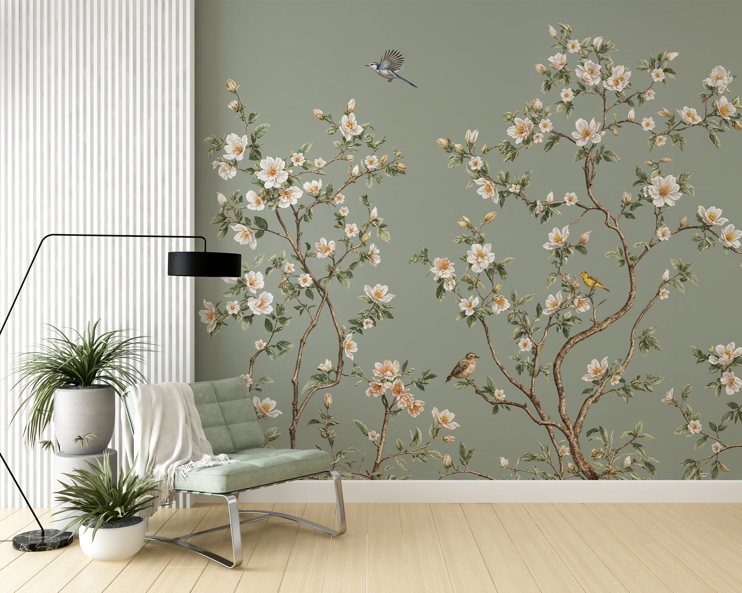 Bird and tree branch scenic wallpaper
Elegant muted green flower mural