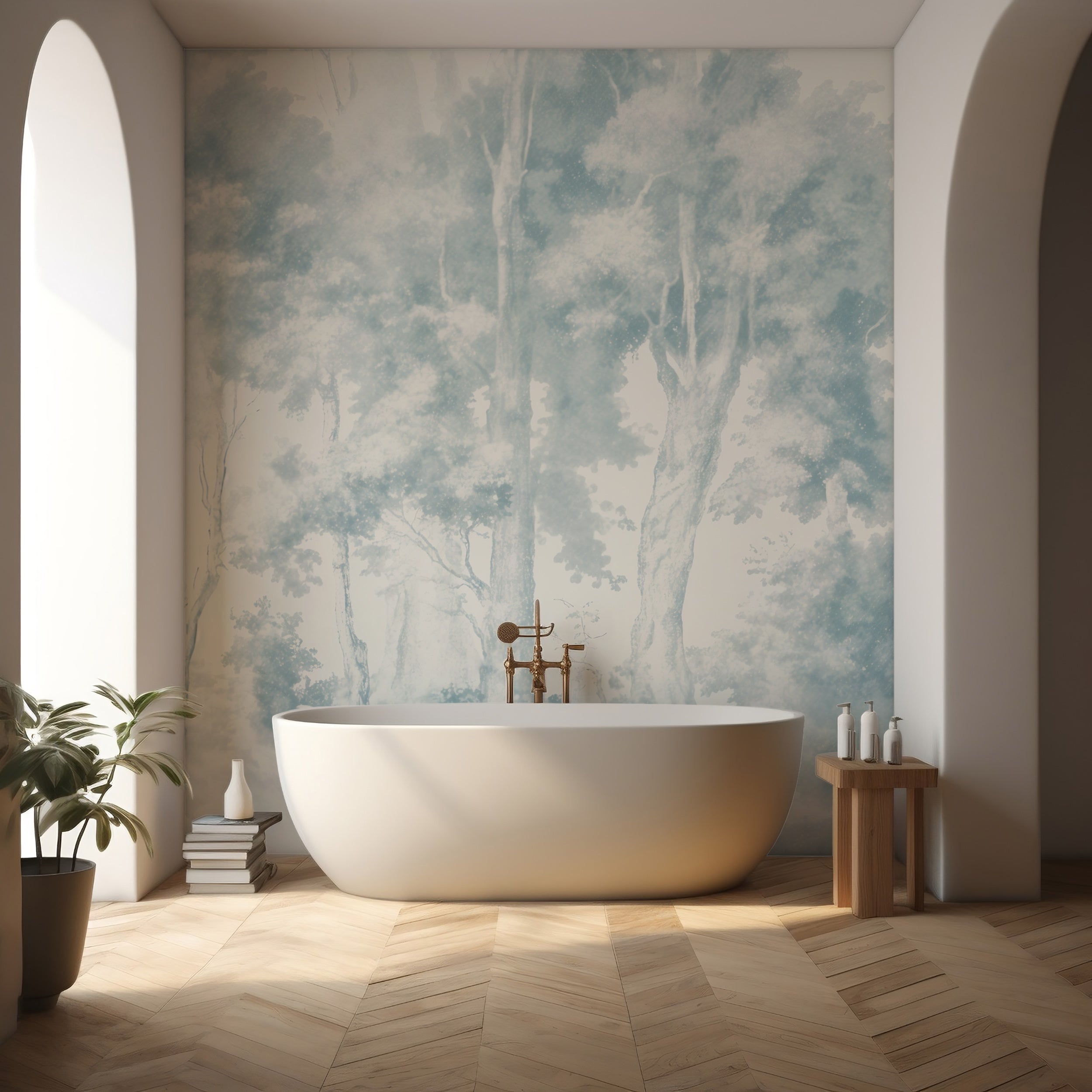 Washed out forest wall mural
Muted blue Toil de Jouy wallpaper
