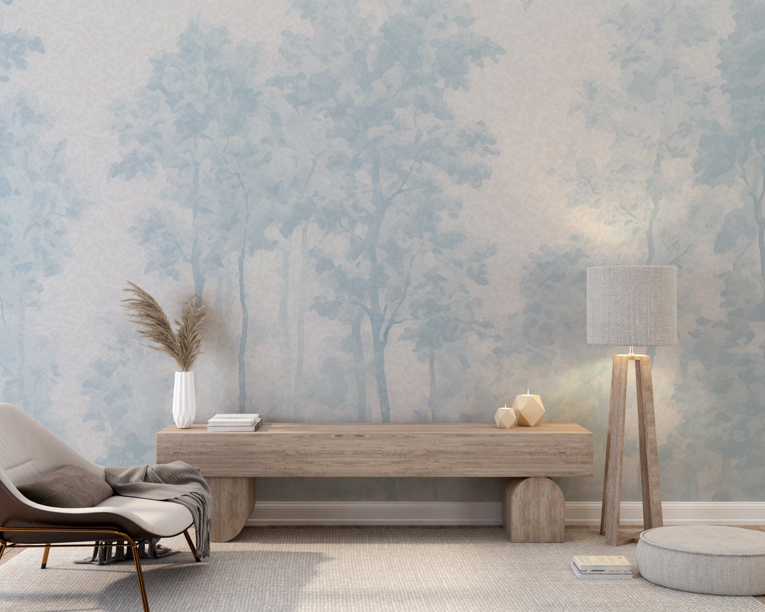 Blue trees on white forest mural
Light blue Toil de Jouy wallpaper