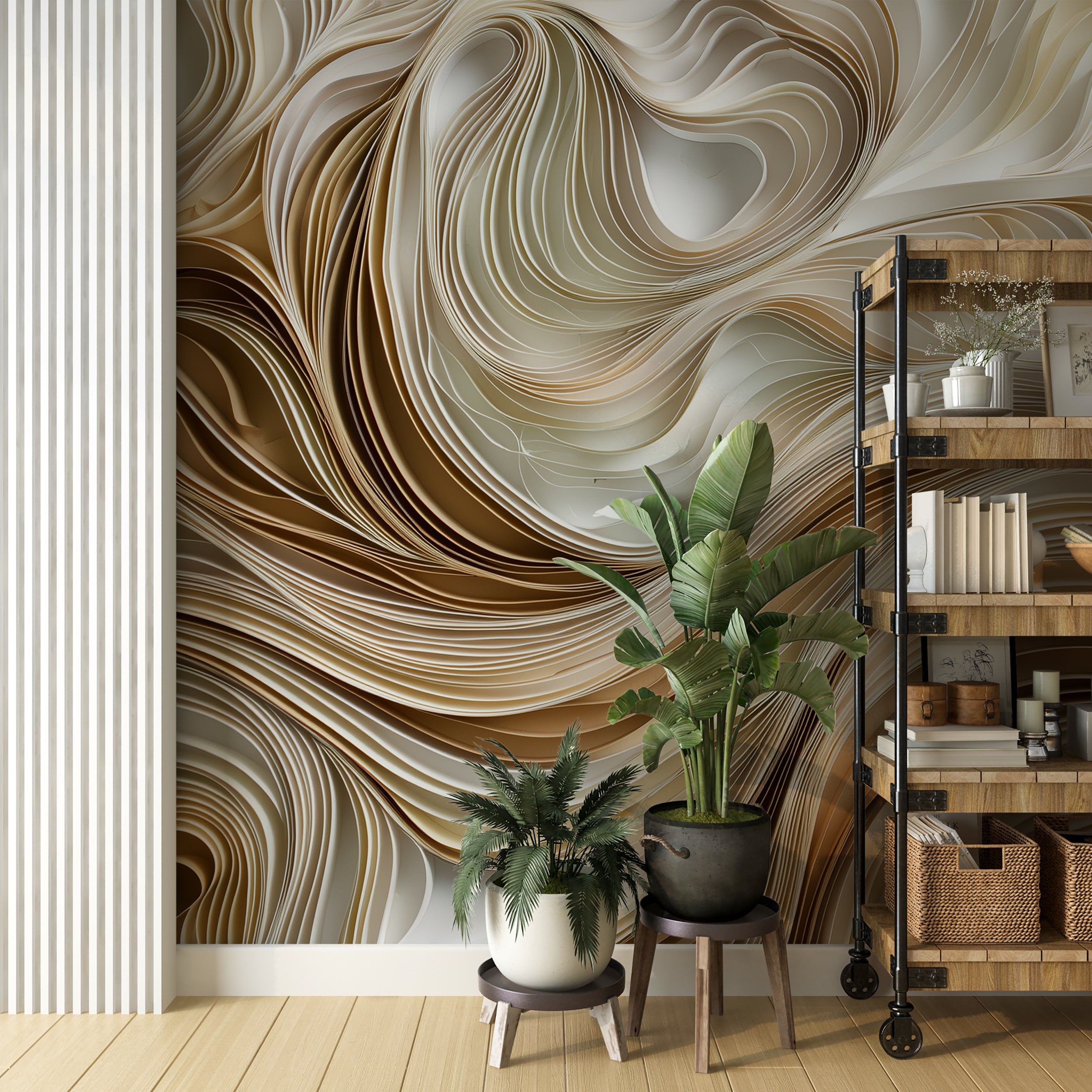 Beige and Cream Abstract Wavy Line Art Wall Mural in Soft Geometric Peel and Stick Design