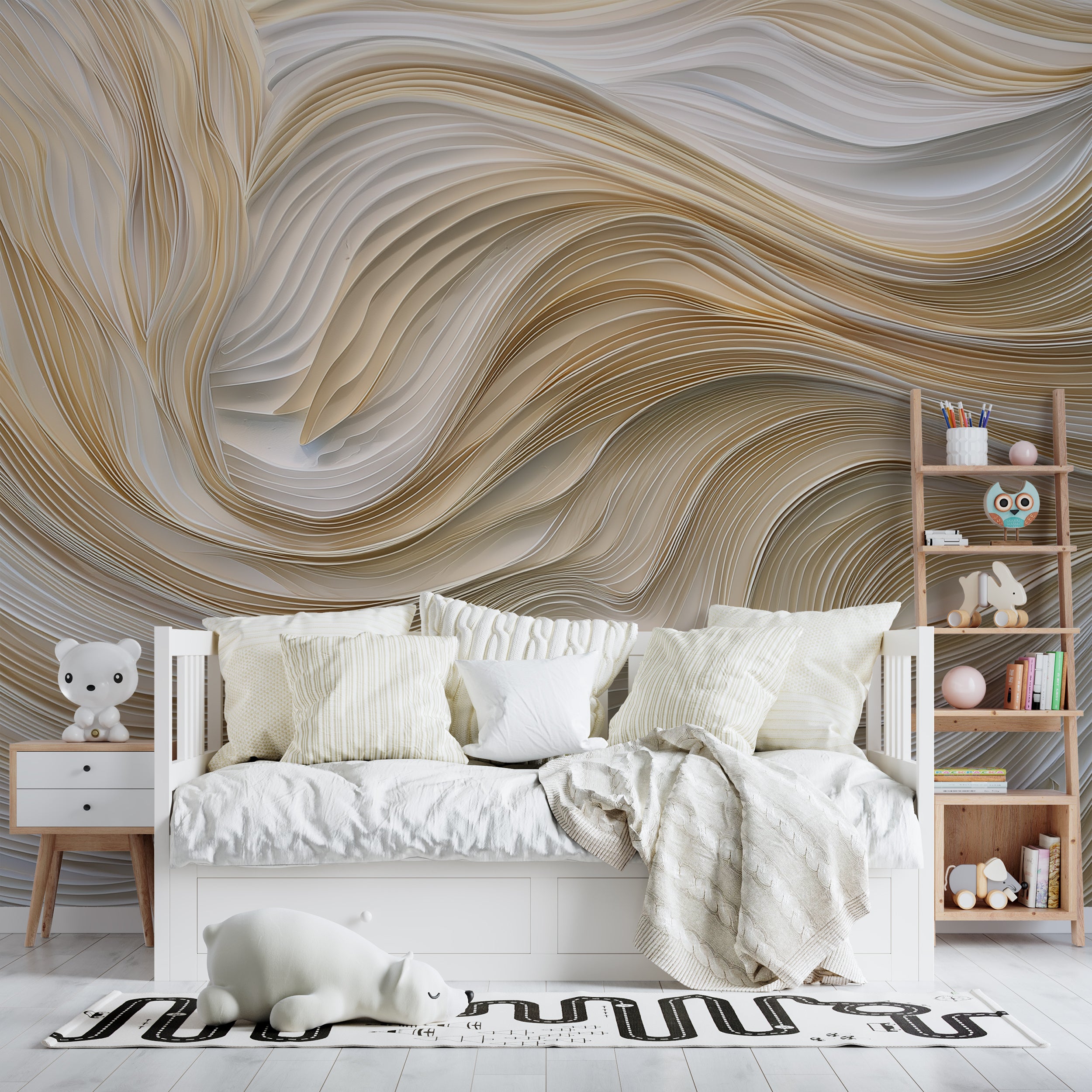 Neutral accent wall with soft waves
Organic modern removable wall mural