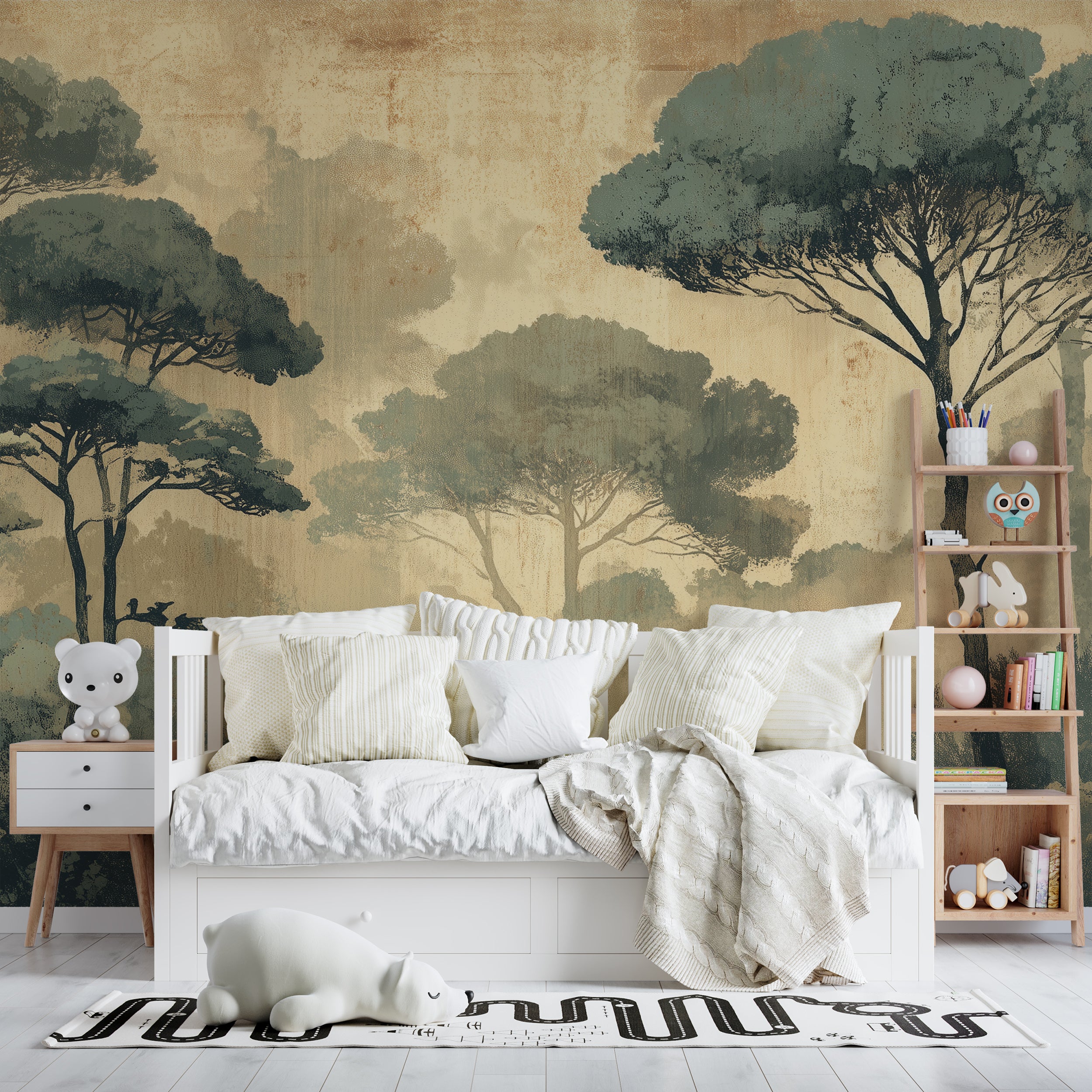Vintage Rustic Tropical Forest Wall Mural in Green and Beige Peel and Stick Accent Wallpaper with Large Trees