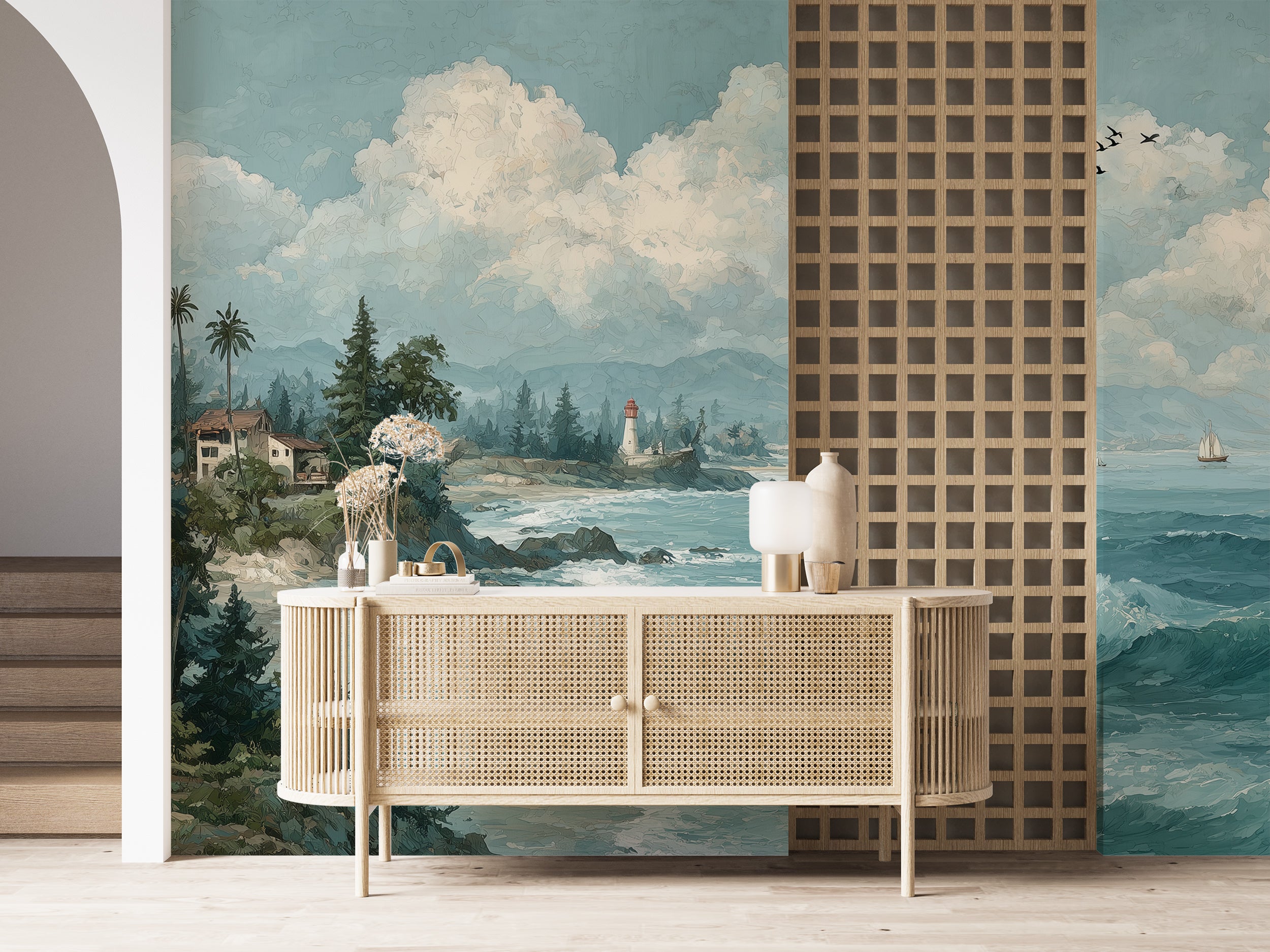 Soft ocean and lighthouse scene mural
Serene vintage coastal wall covering