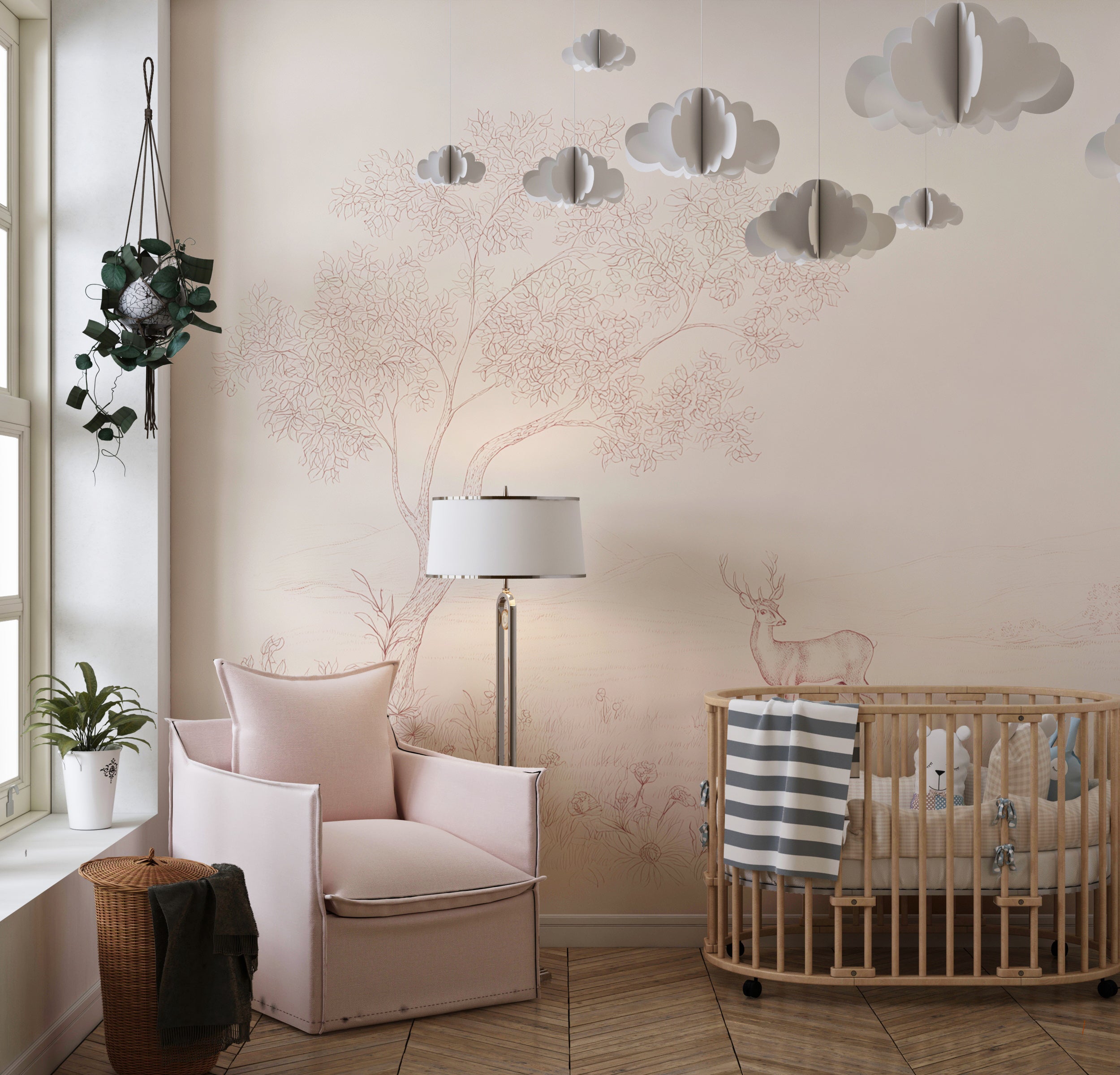 Blush tone mural with tree and meadow
Removable nursery wallpaper with deer