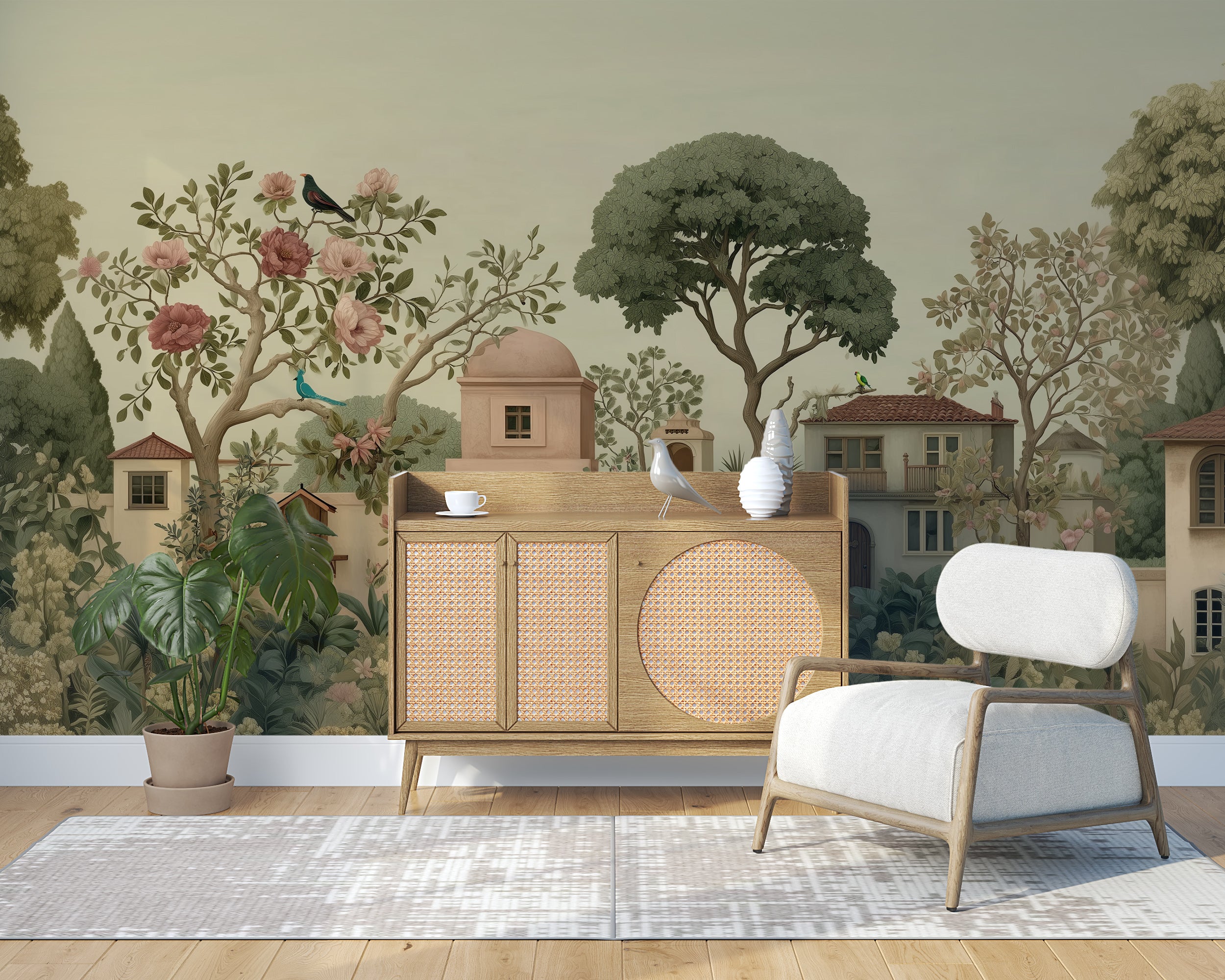 Wooden cabinet with white cushioned chair against a decorative wall mural of trees and buildings.Elegant mural with castle, trees, and blue sky
Decorative wall mural with medieval architecture