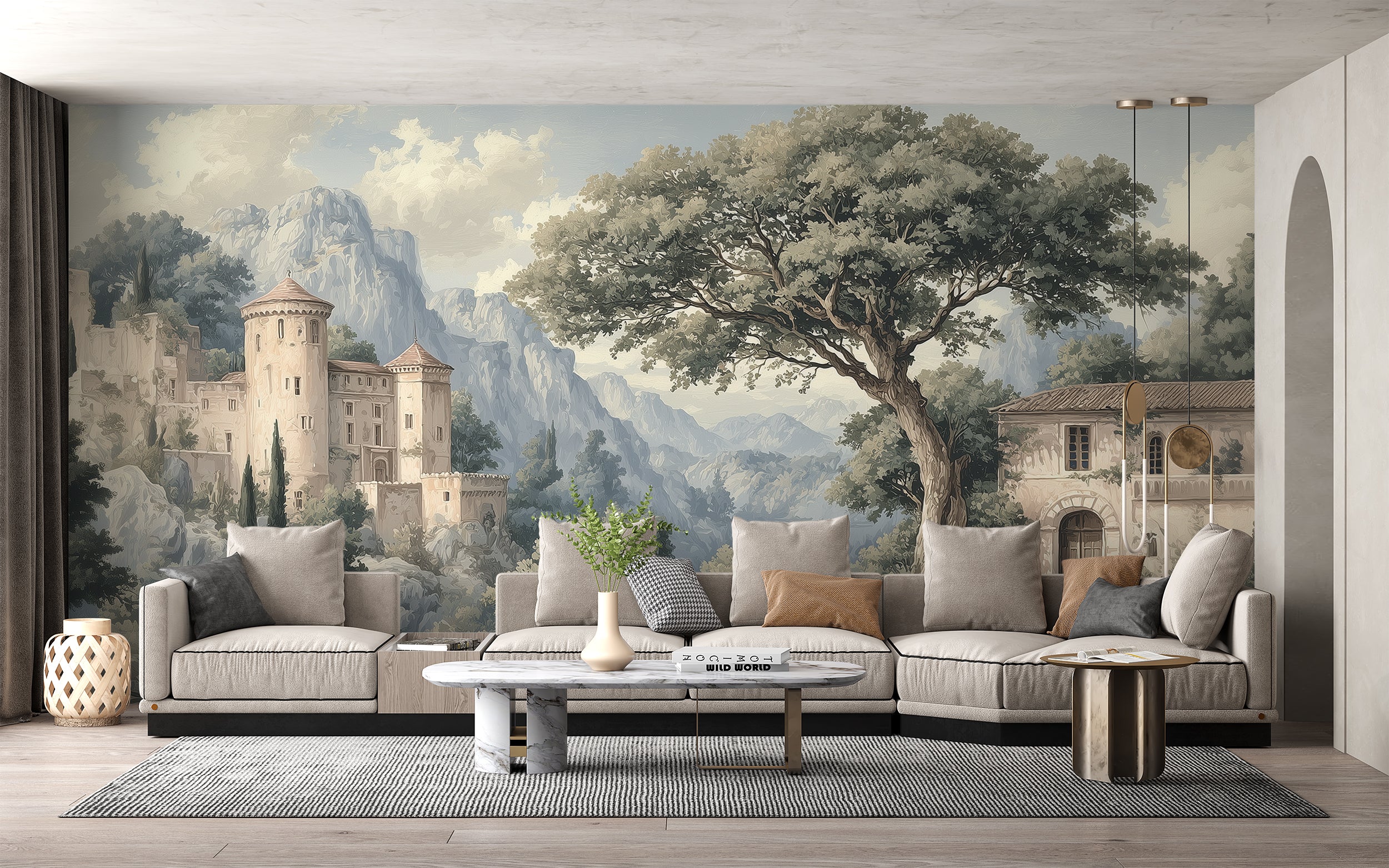 European countryside mural with tall mountains
Soft faded castle scene for classic interiors