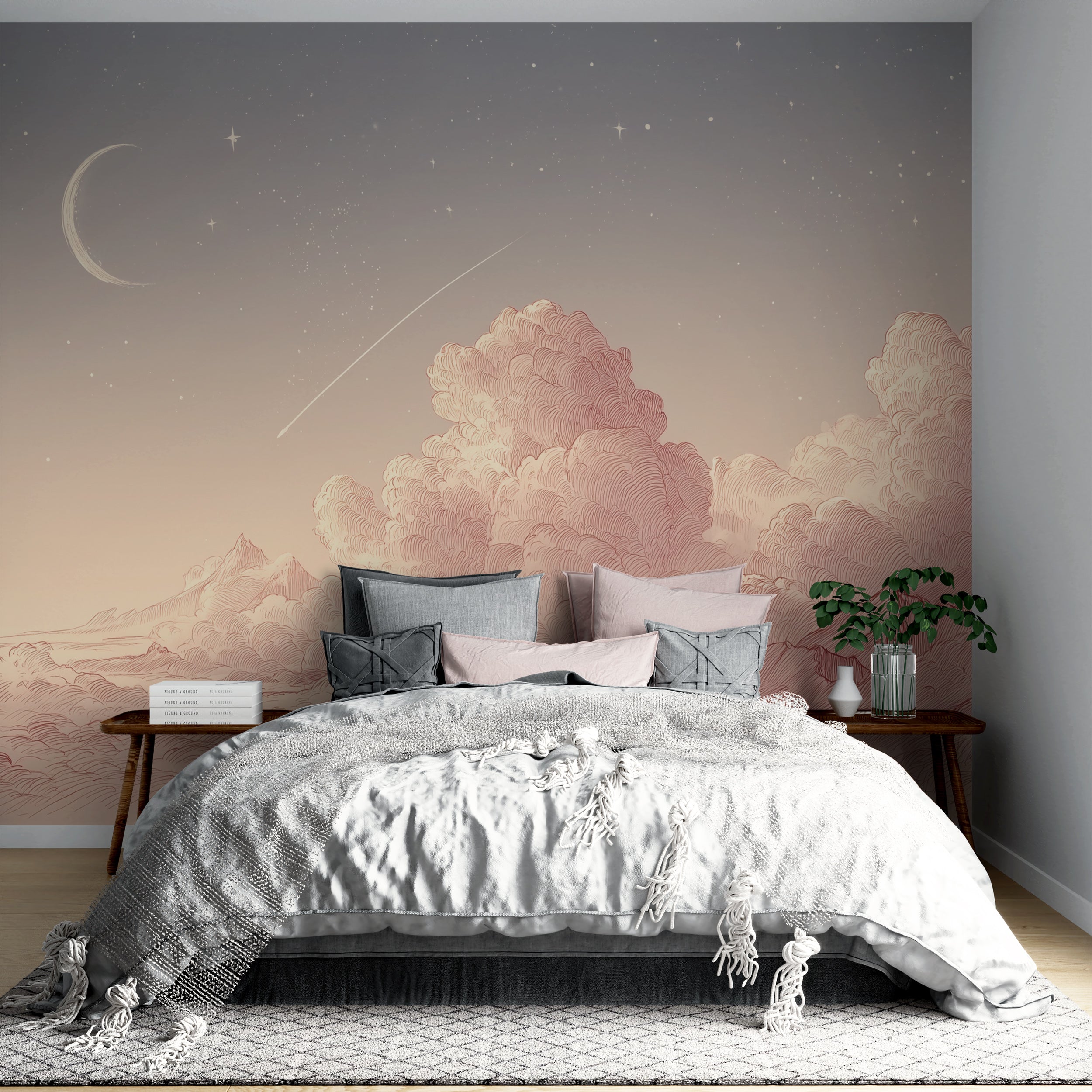 Romantic pink cloud mural with shooting star
Sunset sky wallpaper with fluffy pink clouds