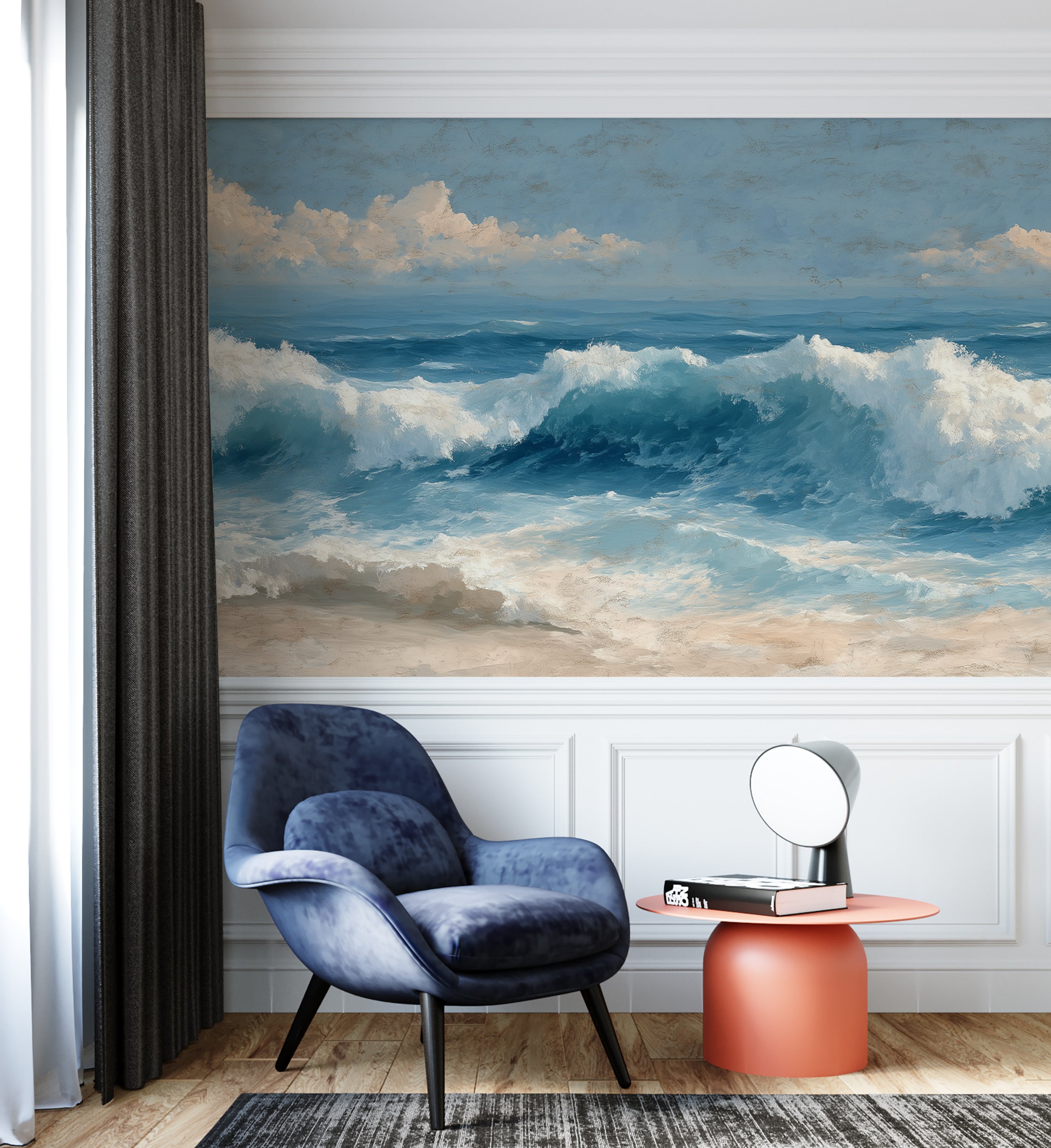 Ocean Wave Oil Painting Wall Mural, Coastal Blue Sea Wallpaper, Large Scale Rolling Waves Seascape Decor