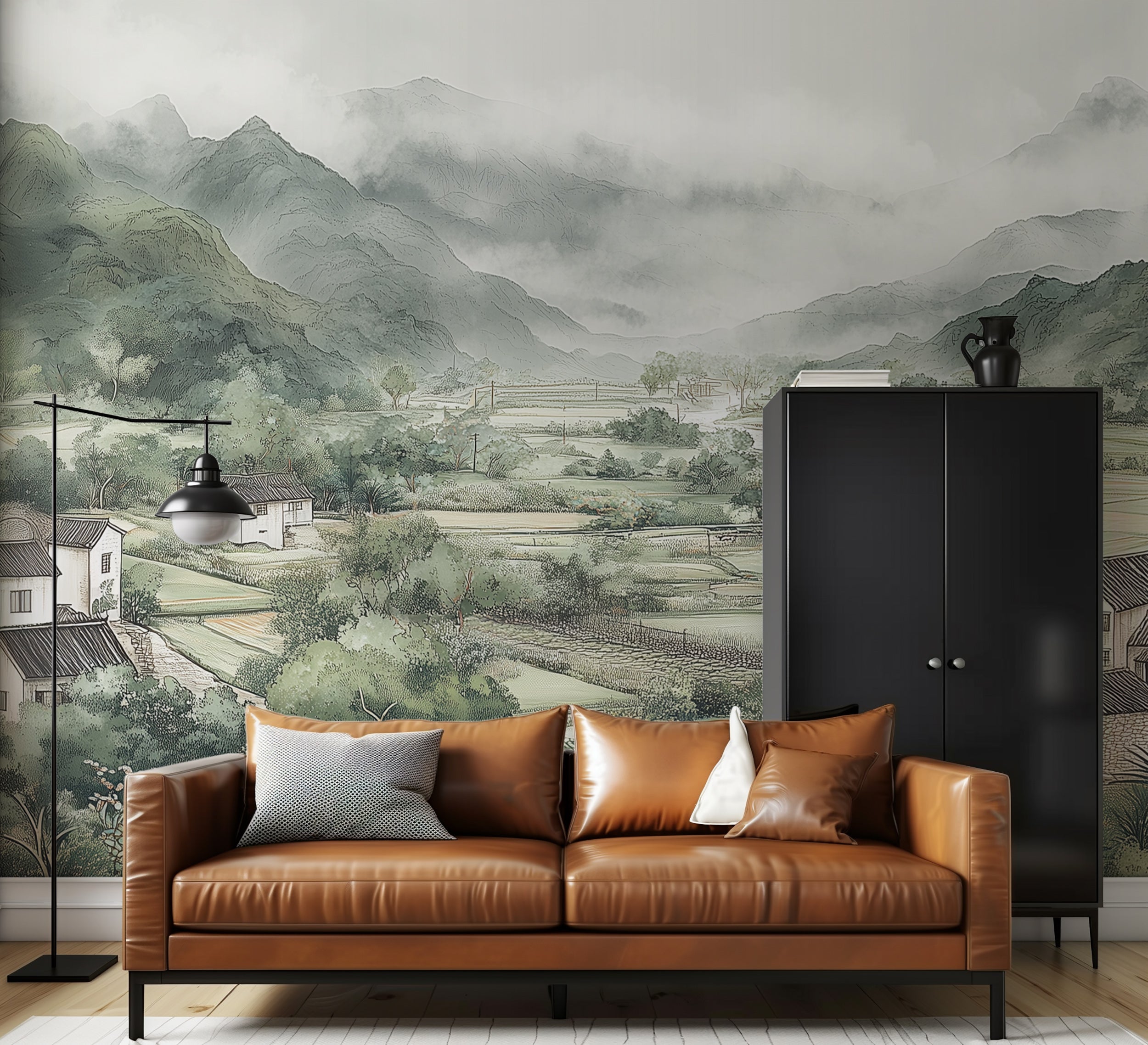Brush-stroke mural with quiet scenery
Mist-covered hill mural in ink wash style