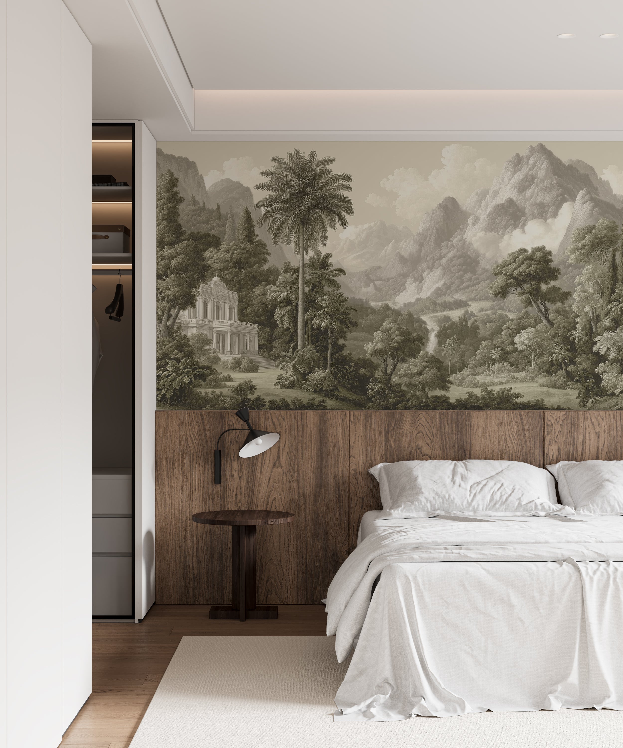 Sepia Jungle and Ancient Architecture Wall Mural, Monochrome Tropical Landscape Wallpaper, Grand Mountain Scene Mural