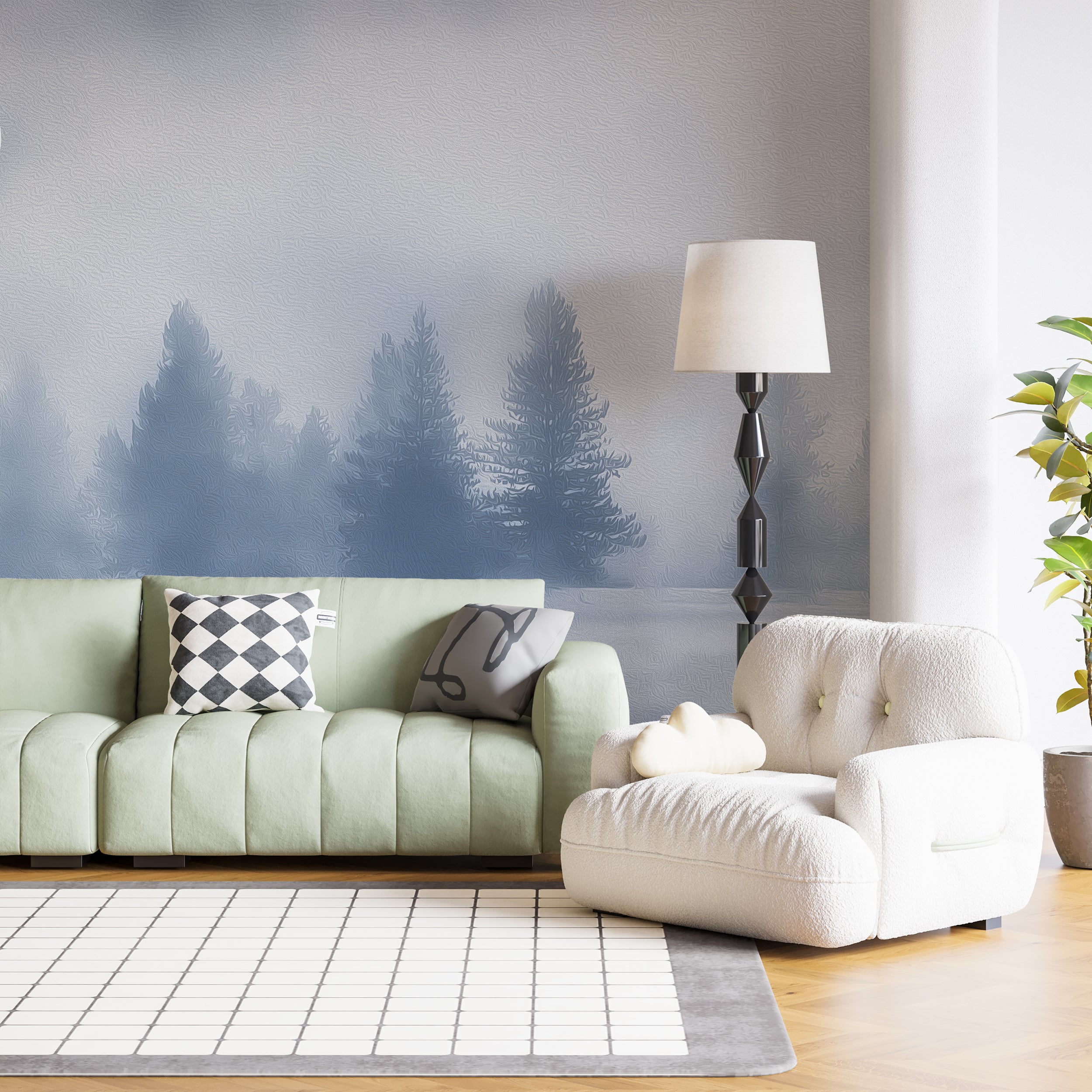 soft fog forest backdrop
evergreen tree mural for interiors