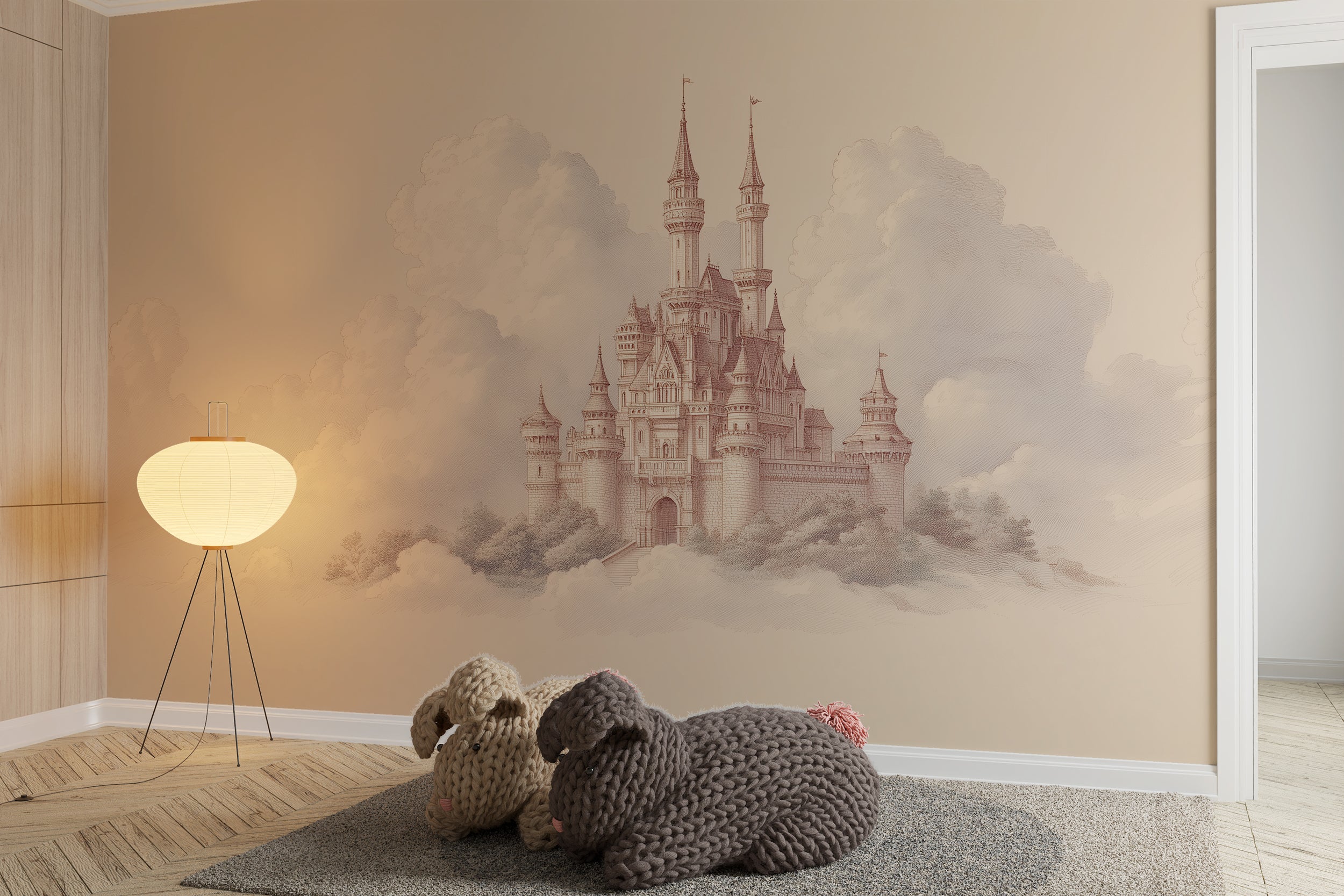 soft cloudscape mural with castle
storybook inspired nursery wallpaper