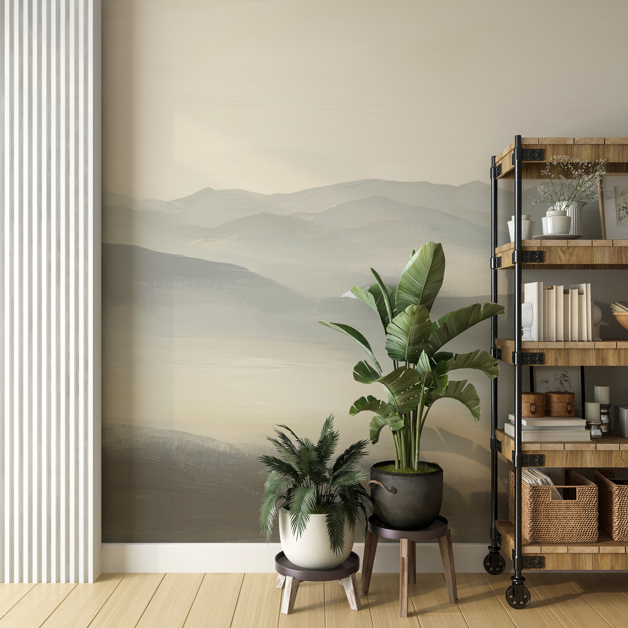 Mist-inspired abstract landscape wall mural
Tranquil neutral mountains horizon design