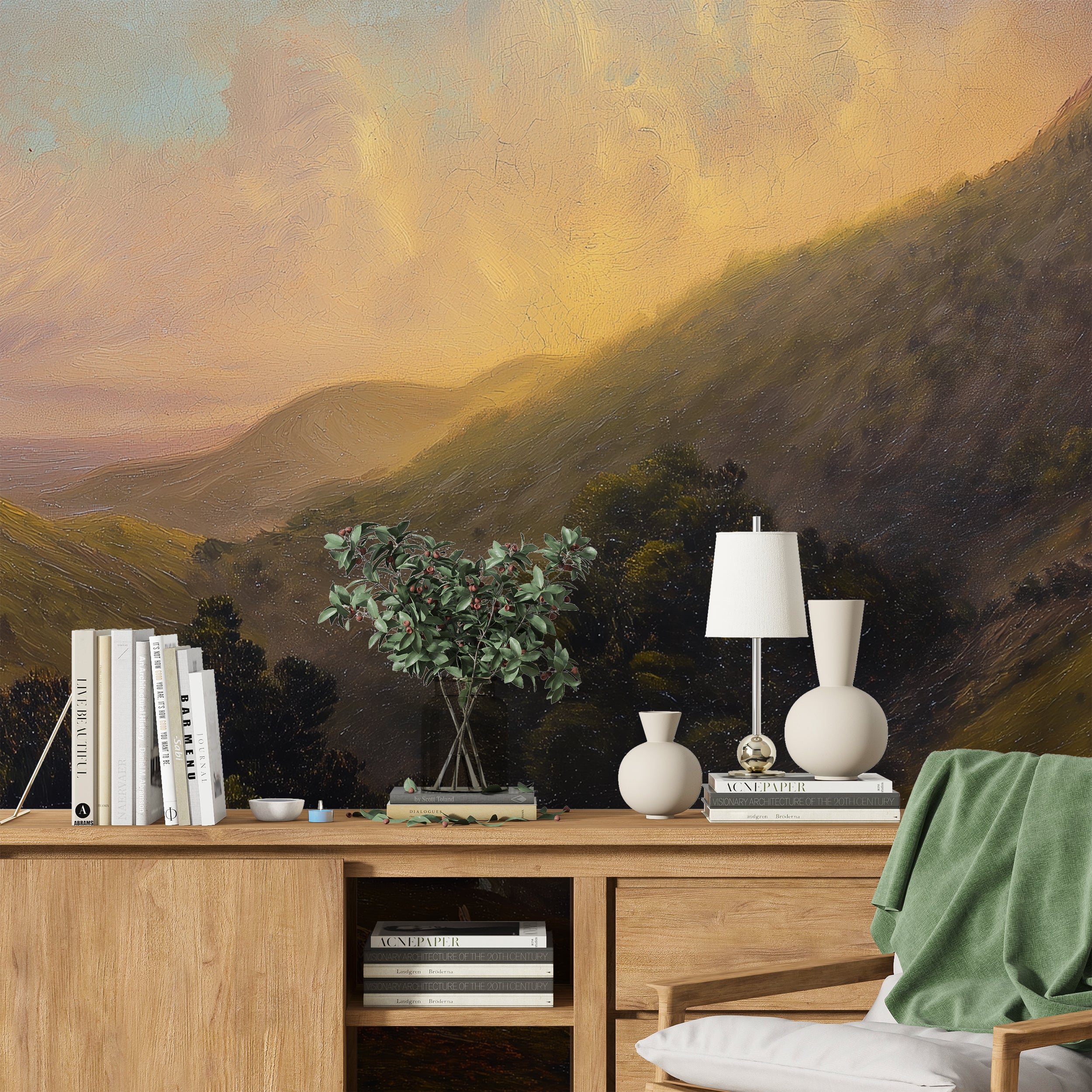 Artistic mountain wall mural in classical style
Golden sky and peak scene mural for interiors