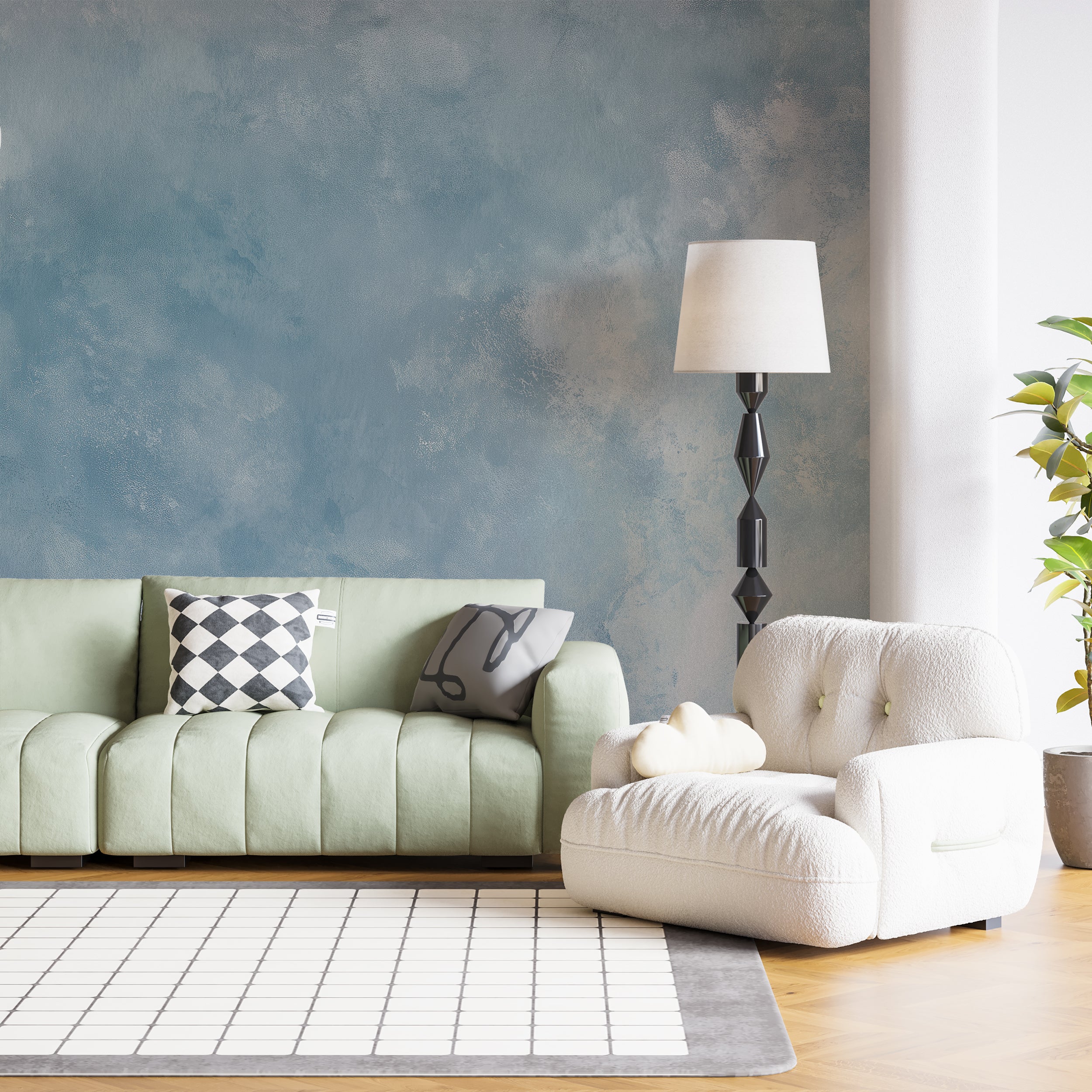 Blue and white painted mural
Subtle watercolor wash wallpaper