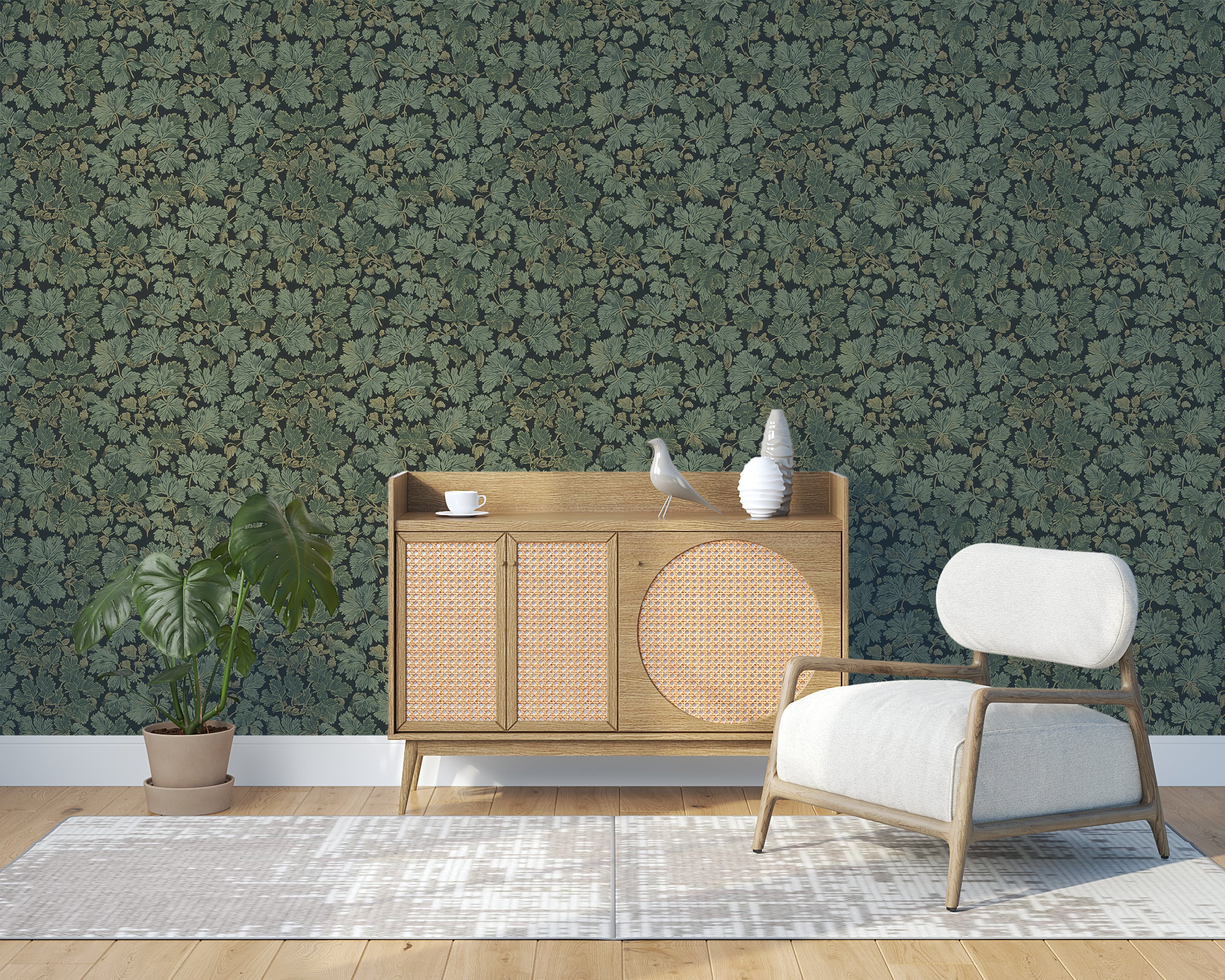 Botanical Green Leaf Wallpaper Wild Forest Foliage Pattern Dark Background Nature Inspired Wall Mural
